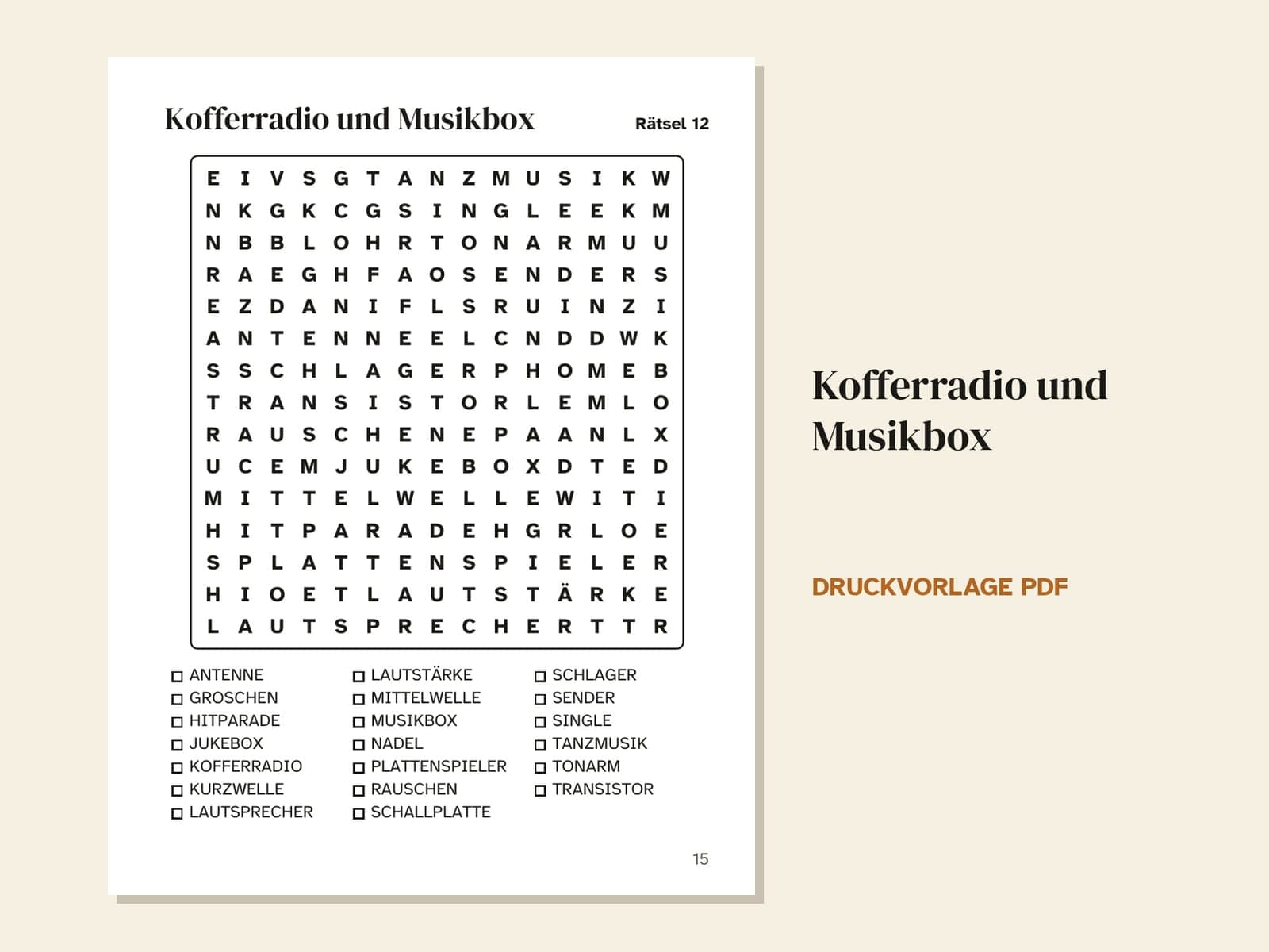 Une page du livre : grille 12, Kofferradio und Musikbox (transistor et juke-box)