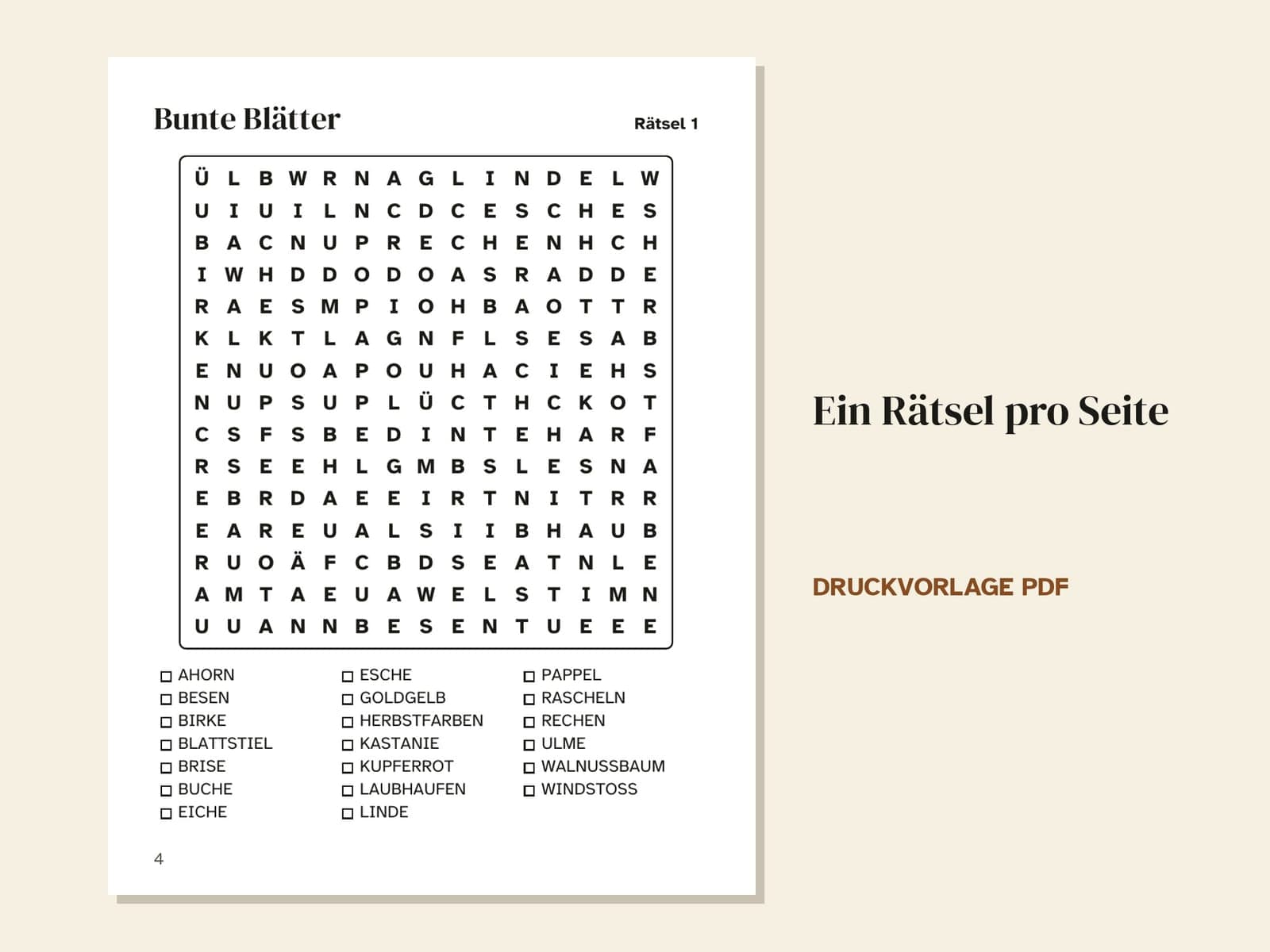 Eine Seite aus dem Heft: Rätsel 1, Bunte Blätter