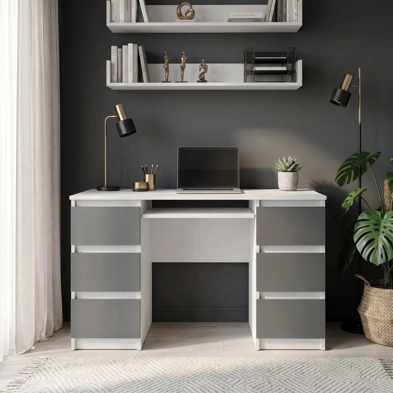 CUBA Schreibtisch mit 6 Schubladen und Tastaturablage, 130 cm, Weiß matt/Anthrazitgrau (2)