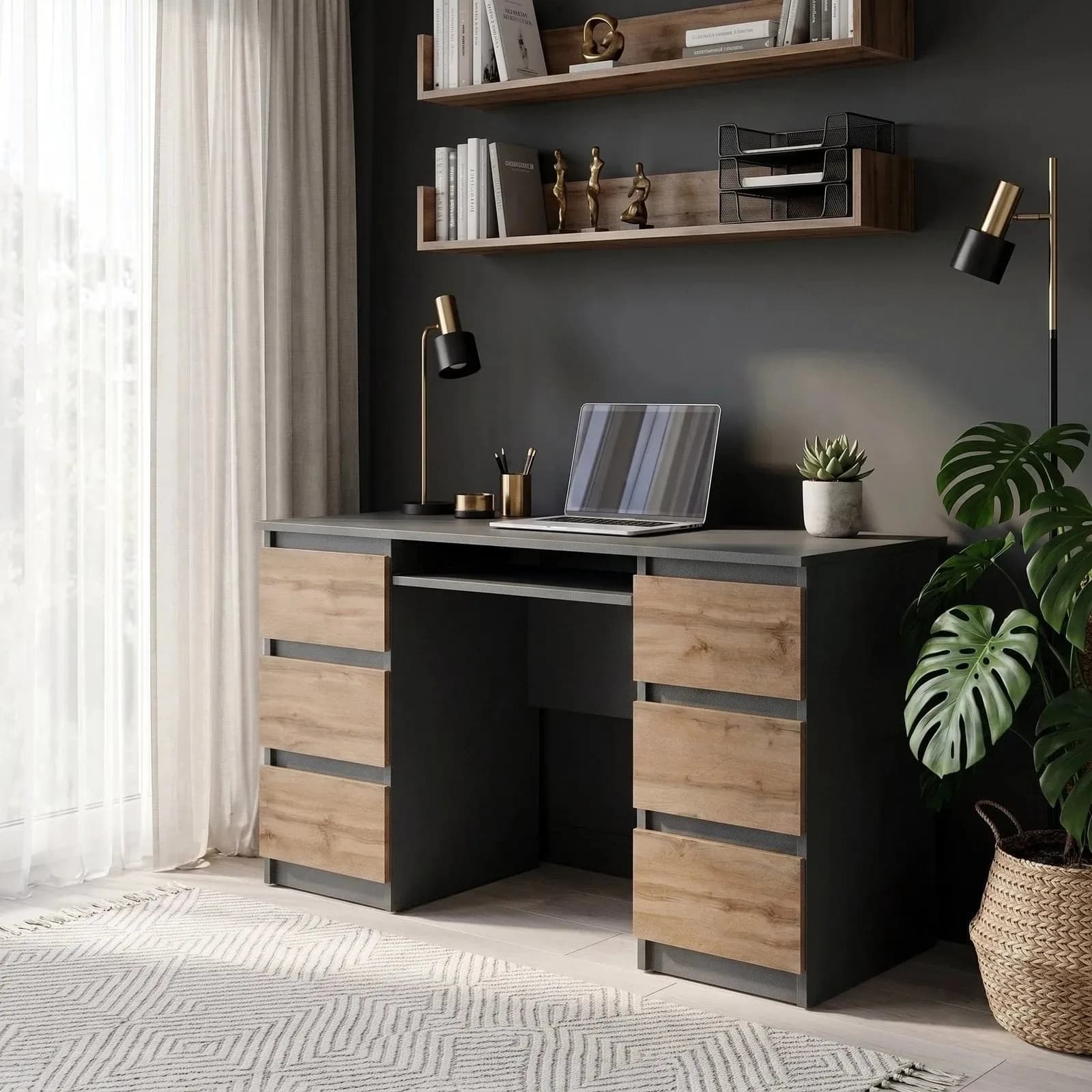 CUBA desk with 6 drawers and keyboard tray, 130 cm, anthracite grey/Wotan oak (4)