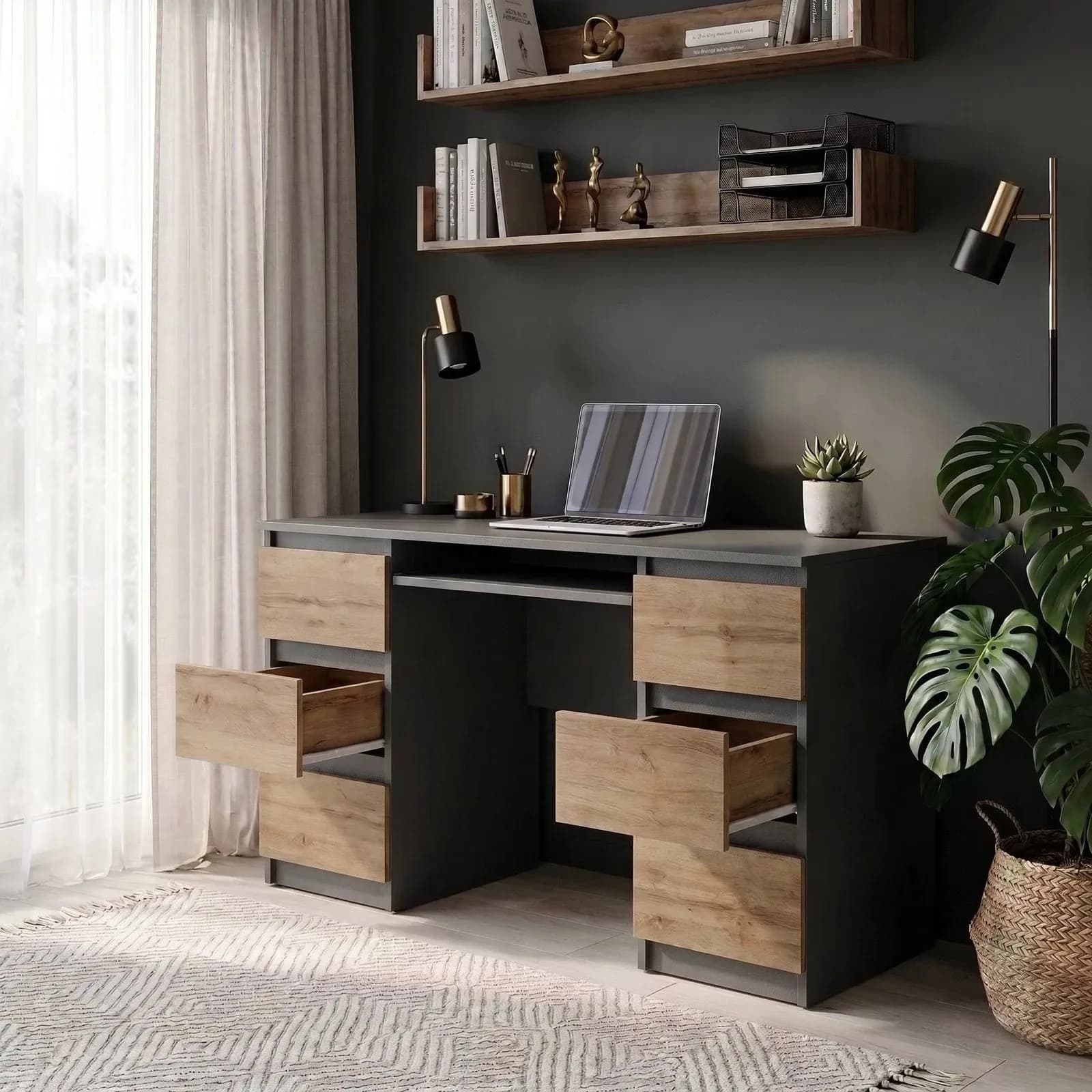 CUBA desk with 6 drawers and keyboard tray, 130 cm, anthracite grey/Wotan oak (5)