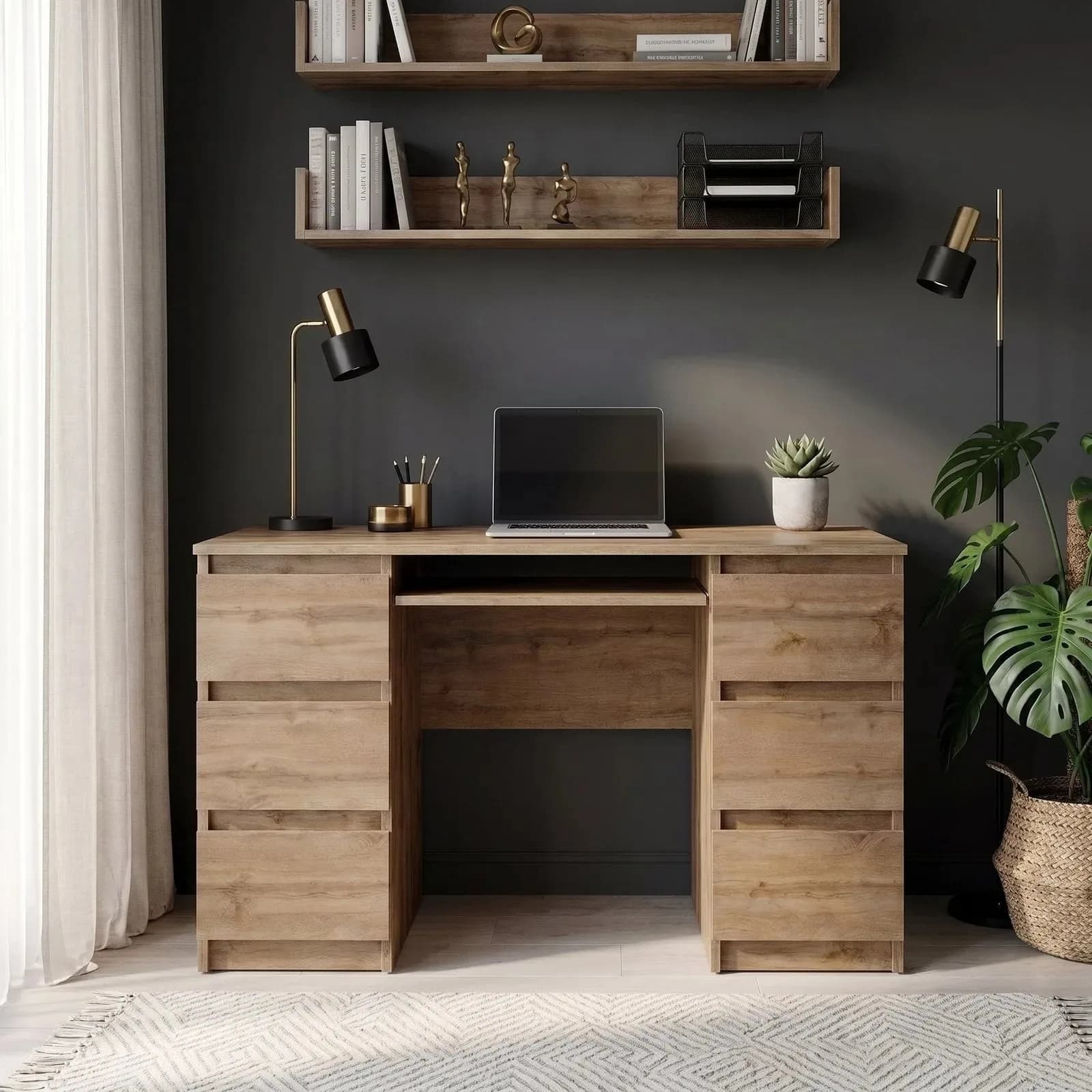 CUBA Schreibtisch mit 6 Schubladen und Tastaturablage, 130 cm, Wotan Eiche (2)