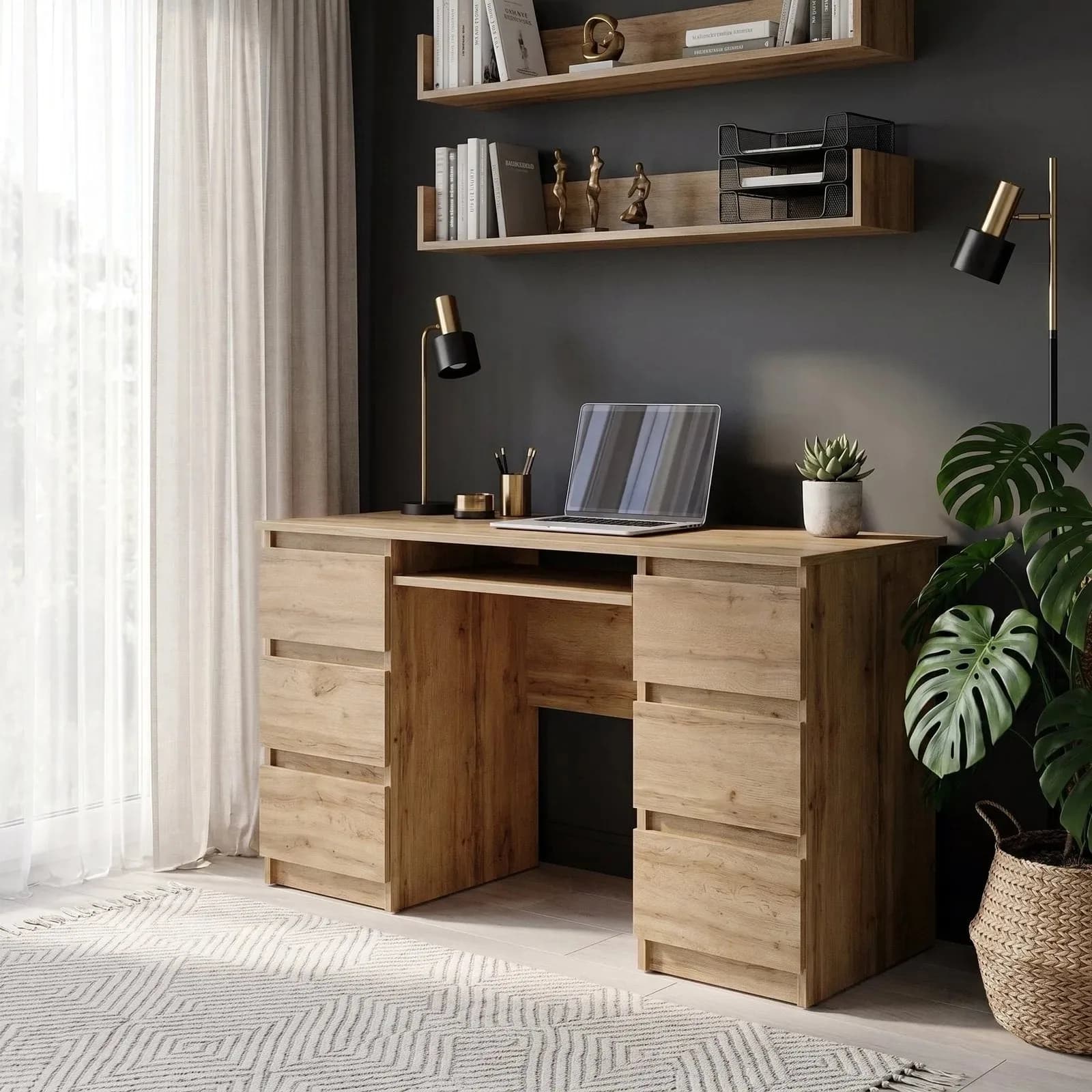 CUBA Schreibtisch mit 6 Schubladen und Tastaturablage, 130 cm, Wotan Eiche (4)