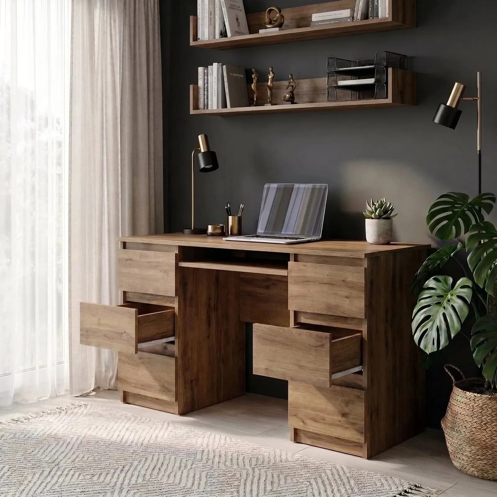 CUBA Schreibtisch mit 6 Schubladen und Tastaturablage, 130 cm, Wotan Eiche (5)