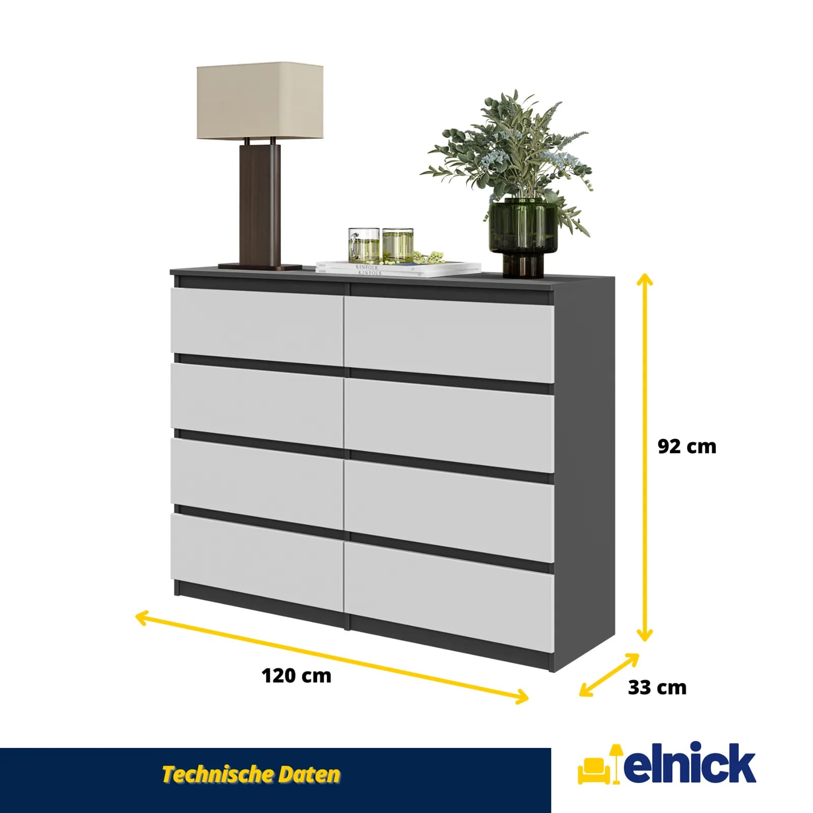 GABRIEL chest of 8 drawers, 120 cm, anthracite/white matt (2)