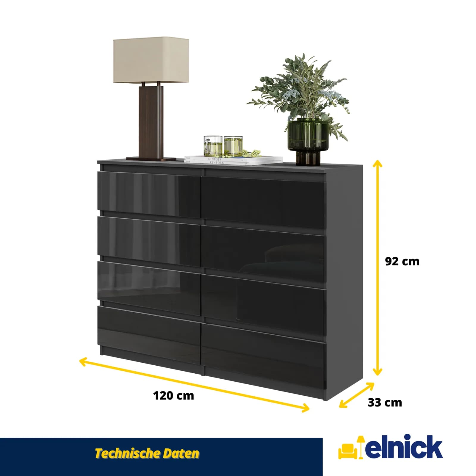 GABRIEL ladekast met 8 lades, 120 cm, antraciet en zwart hoogglans (4)