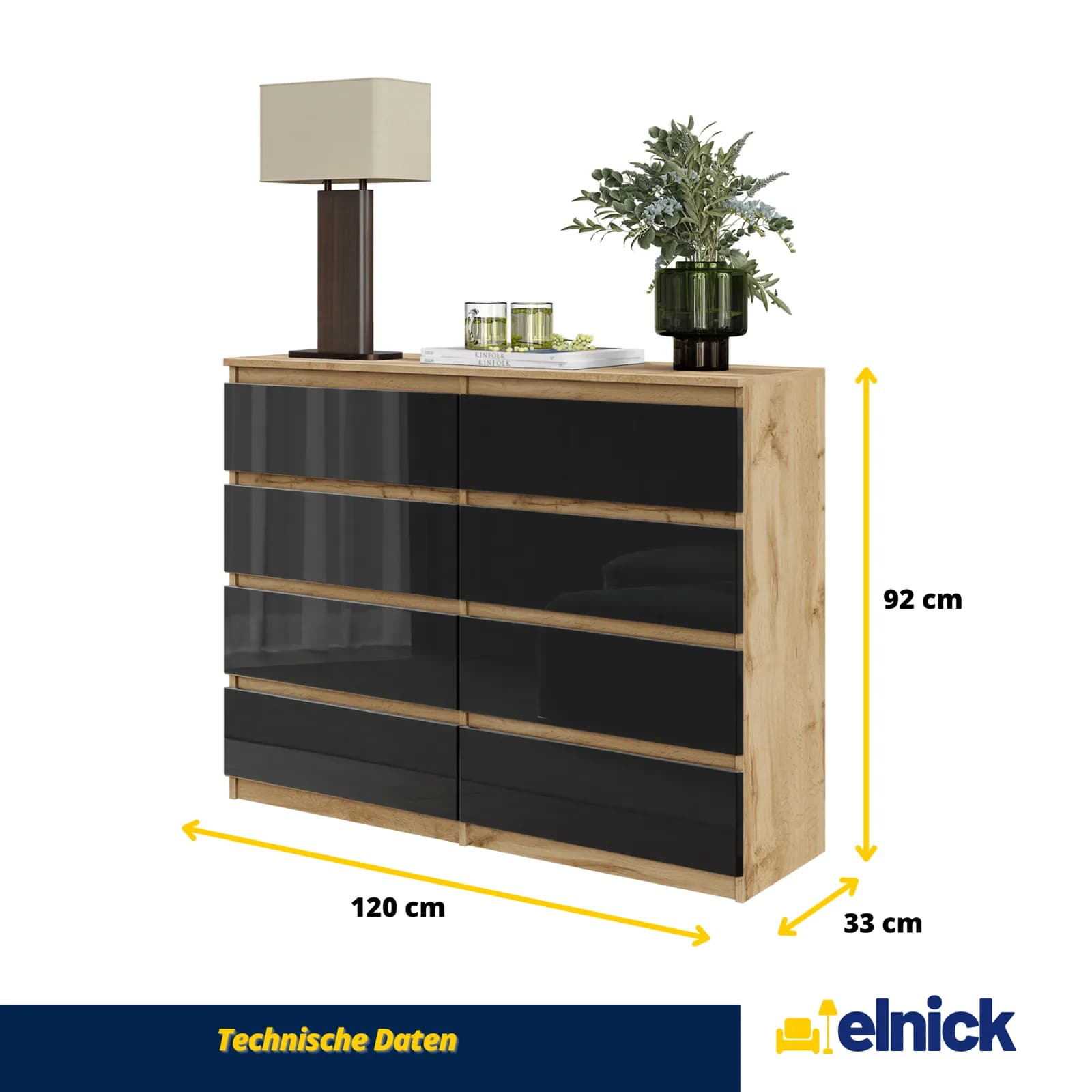 GABRIEL ladekast met 8 lades, 120 cm, Wotan eiken / zwart hoogglans (4)