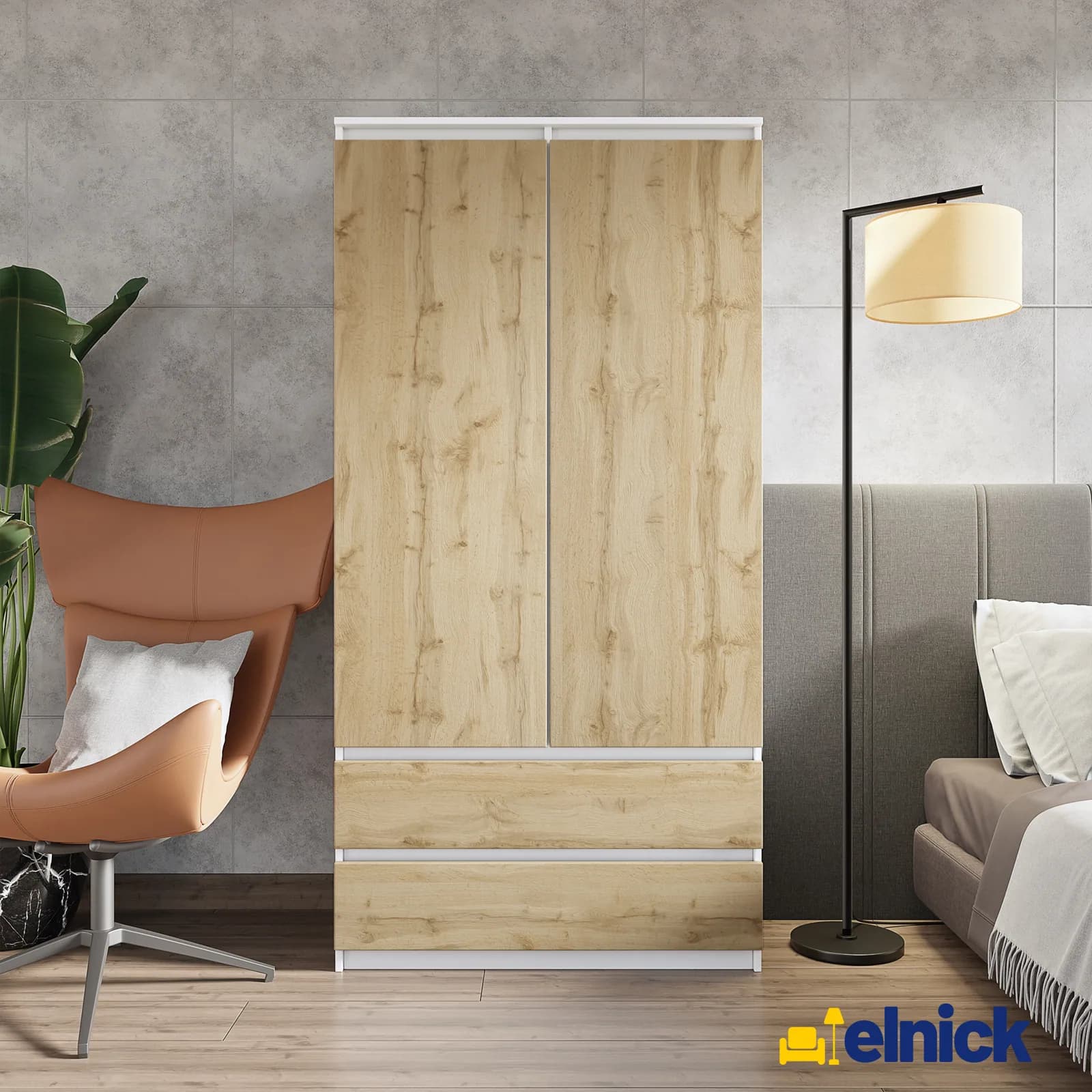 JOELLE wardrobe with 2 doors and 2 drawers, 90 cm, white matt/Wotan oak (2)