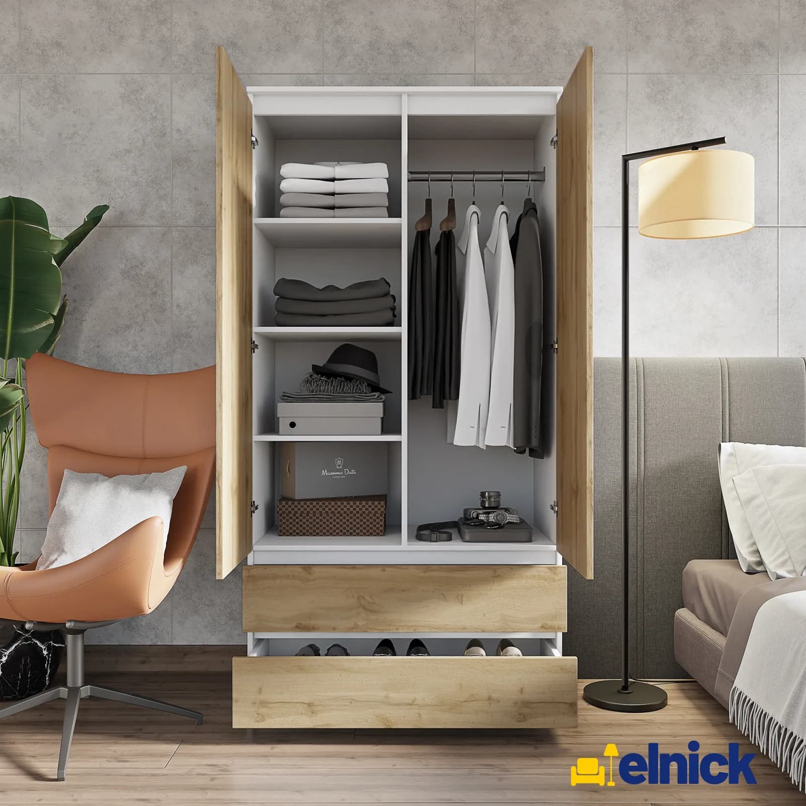 JOELLE wardrobe with 2 doors and 2 drawers, 90 cm, white matt/Wotan oak (3)