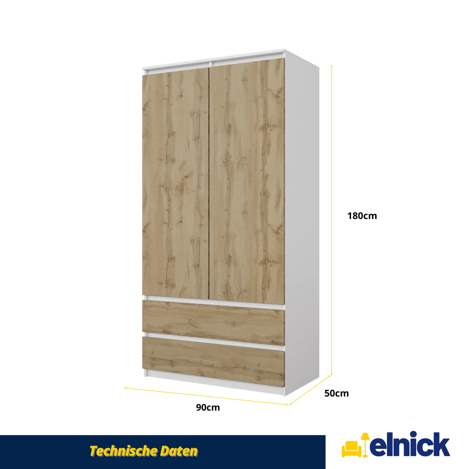 JOELLE wardrobe with 2 doors and 2 drawers, 90 cm, white matt/Wotan oak (4)