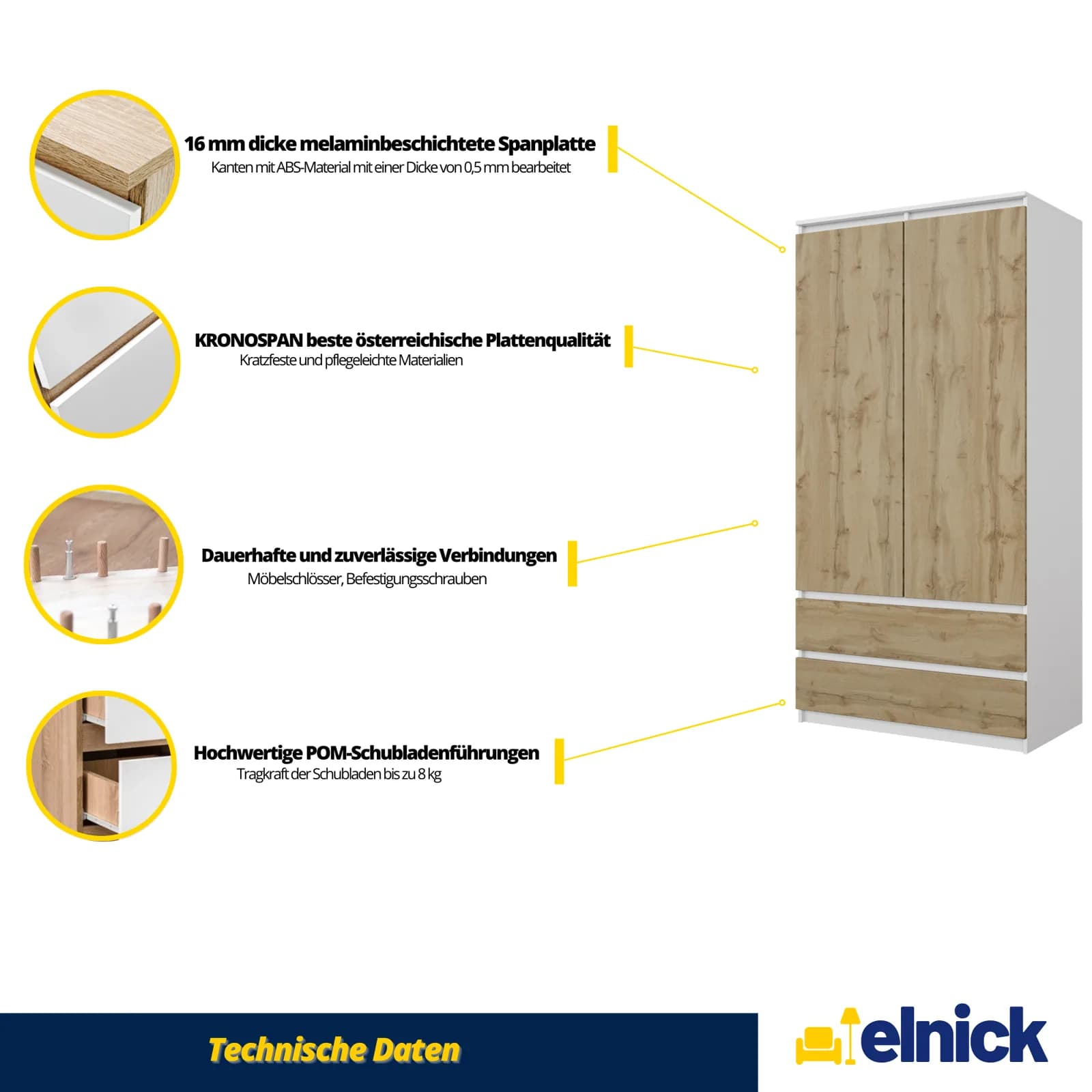 JOELLE wardrobe with 2 doors and 2 drawers, 90 cm, white matt/Wotan oak (5)