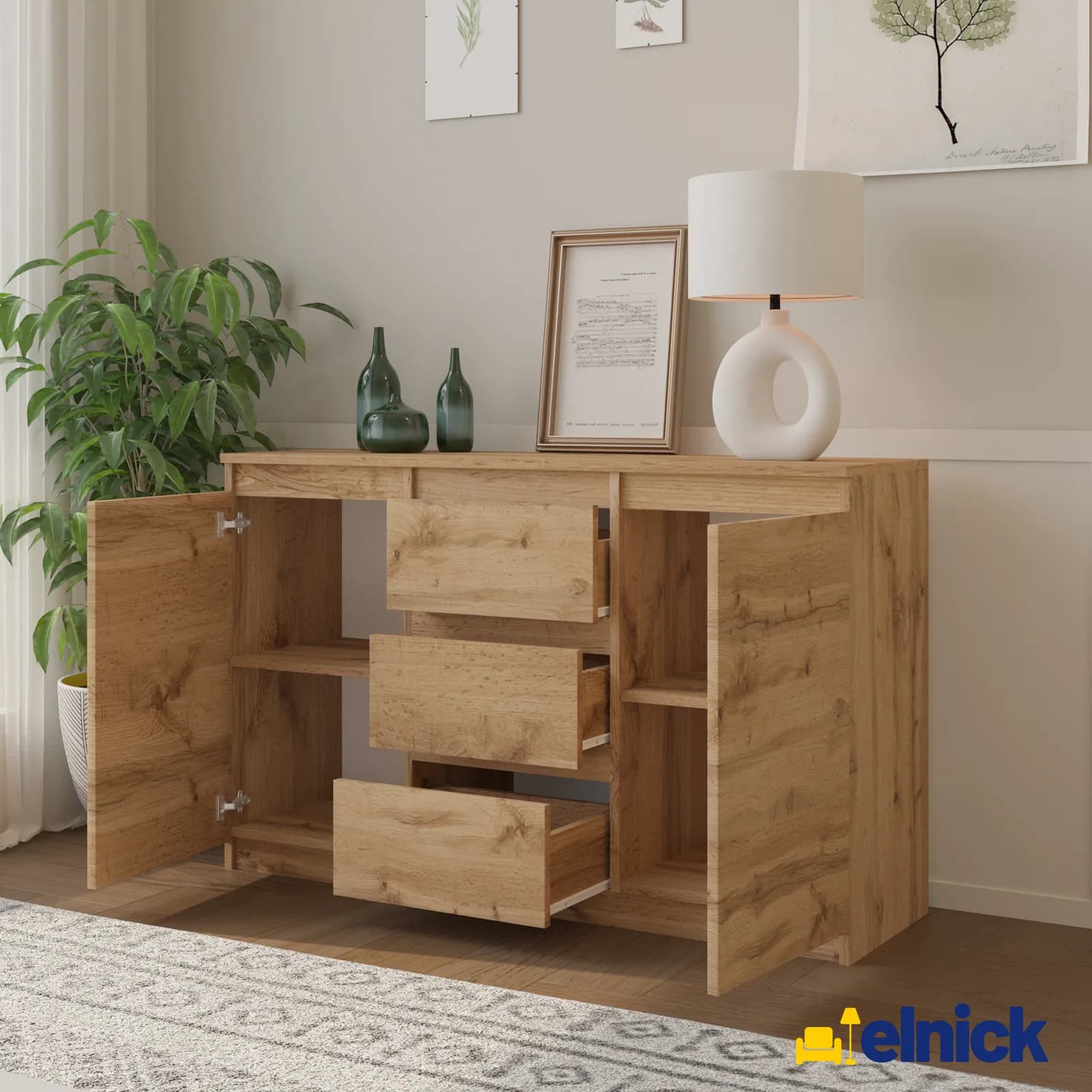 MIKEL chest of 3 drawers and 2 doors, 120 cm, Wotan oak (3)
