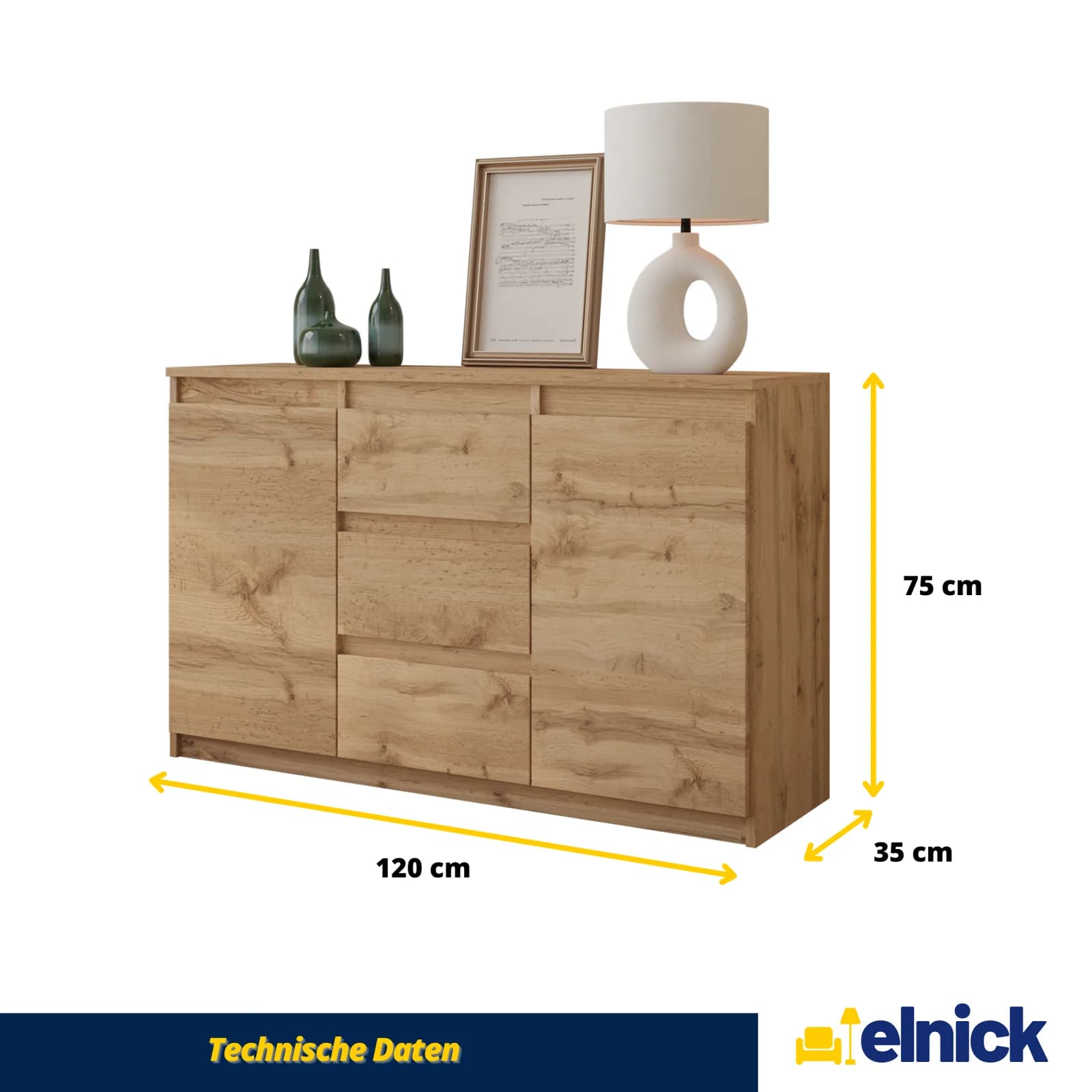 MIKEL chest of 3 drawers and 2 doors, 120 cm, Wotan oak (5)