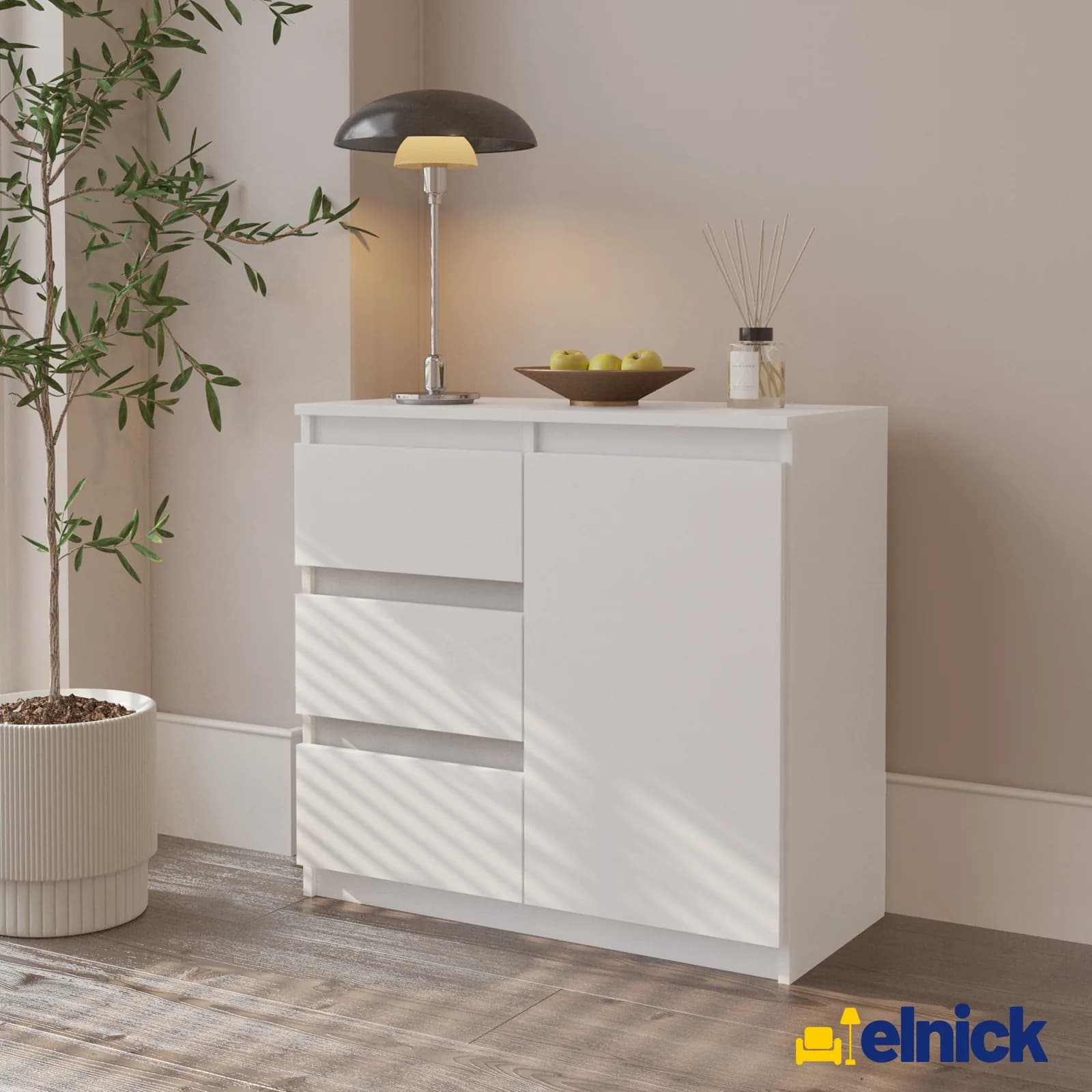 MIKEL commode 3 tiroirs et 1 porte, 80 cm, blanc mat (2)