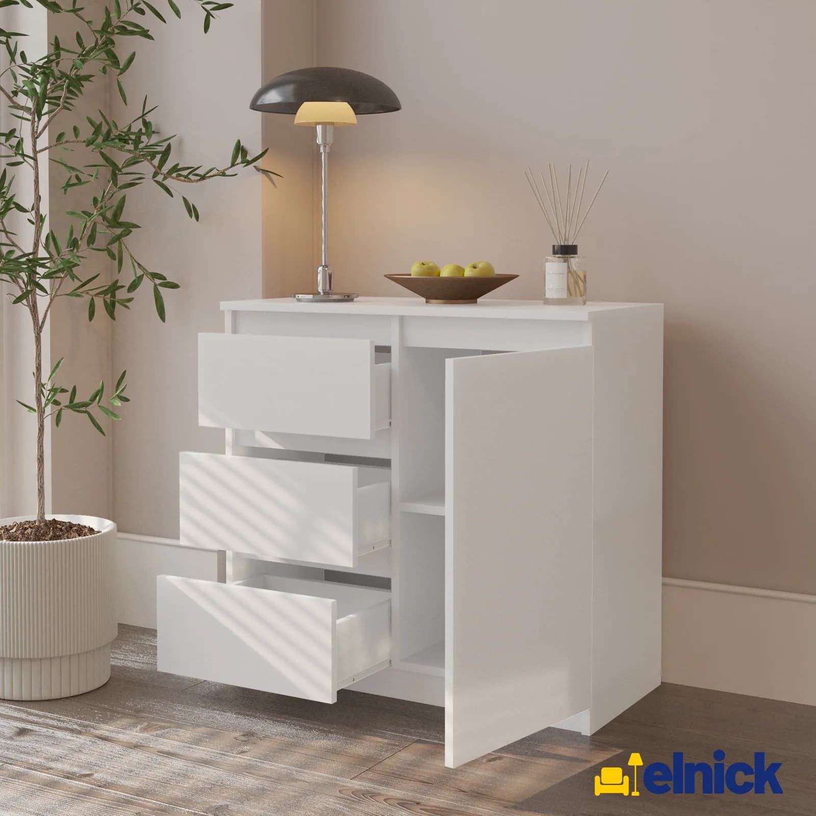 MIKEL commode 3 tiroirs et 1 porte, 80 cm, blanc mat (4)
