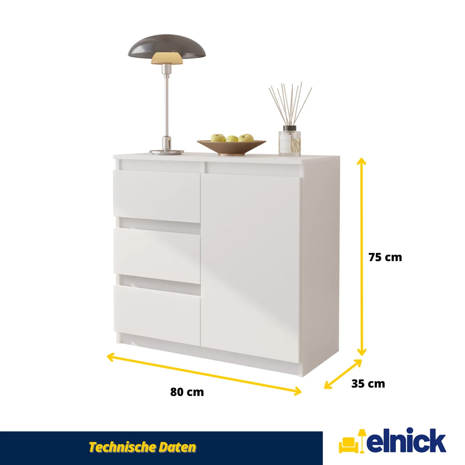 MIKEL commode 3 tiroirs et 1 porte, 80 cm, blanc mat (5)