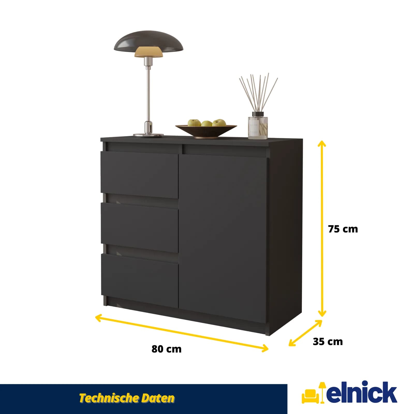 MIKEL Kommode mit 3 Schubladen und 1 Tür, 80 cm, Anthrazitgrau (5)