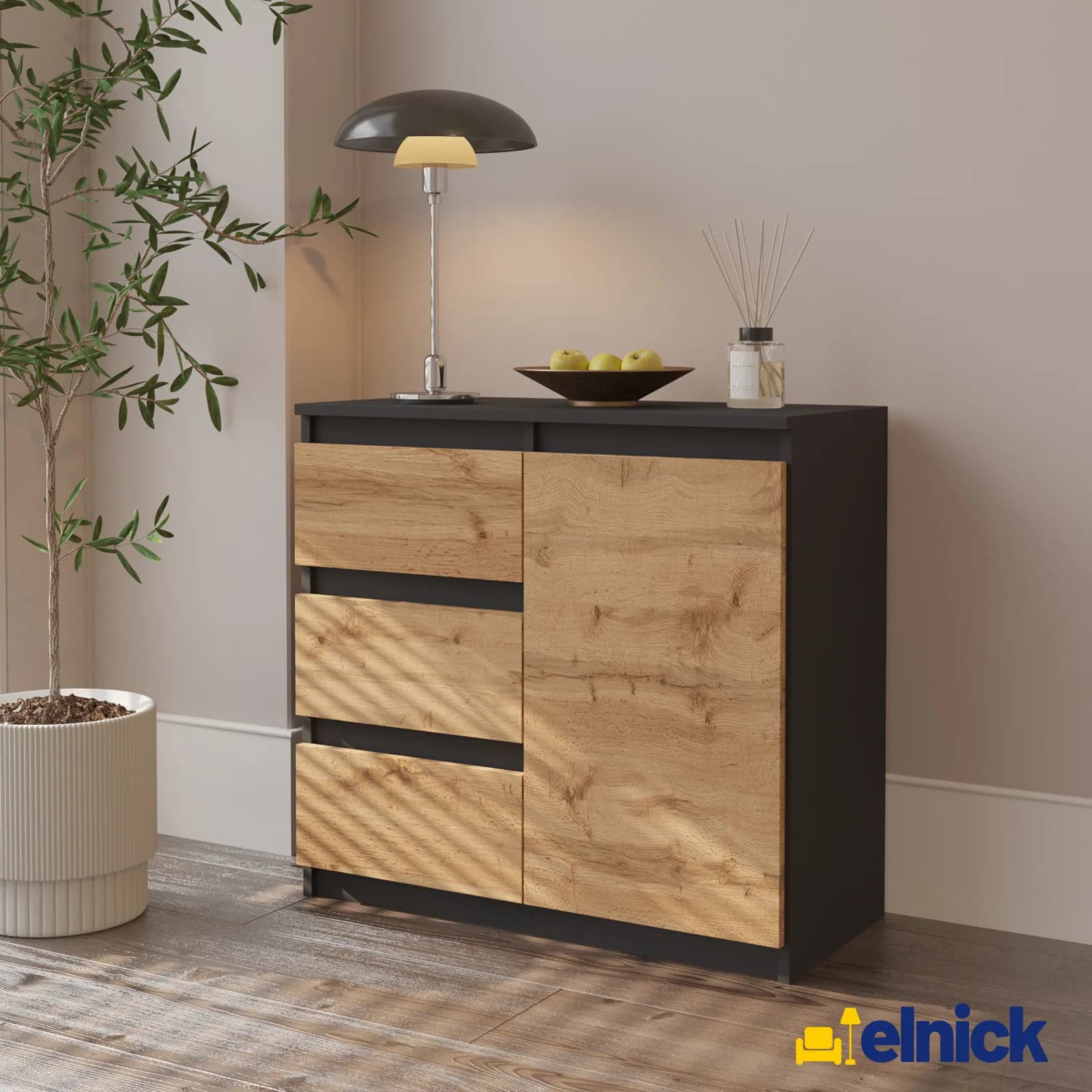 MIKEL commode met 3 lades en 1 deur, 80 cm, antracietgrijs/wotan eiken (2)