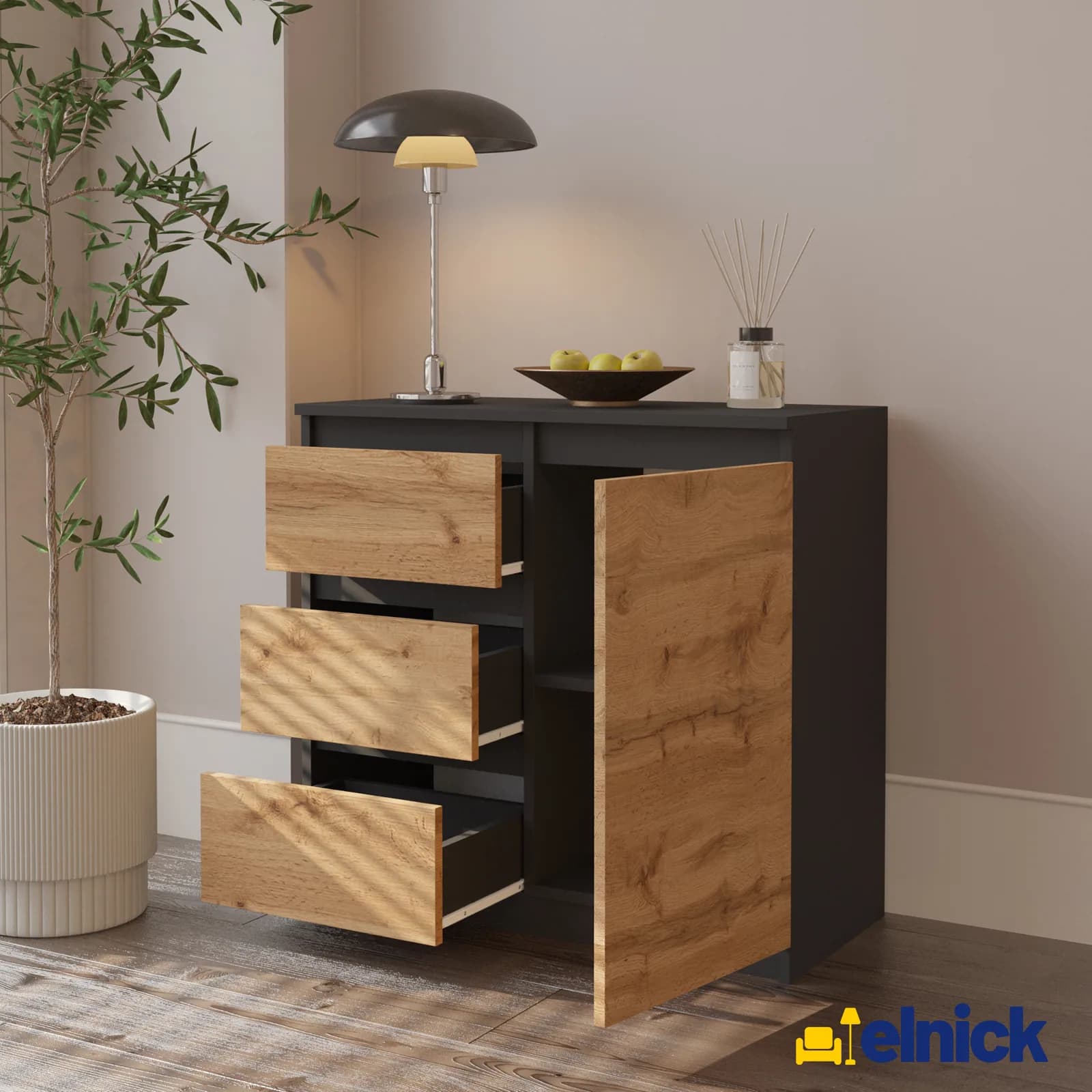 MIKEL commode met 3 lades en 1 deur, 80 cm, antracietgrijs/wotan eiken (3)