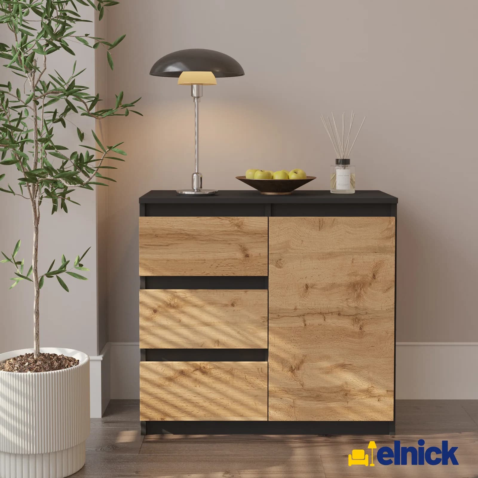 MIKEL commode met 3 lades en 1 deur, 80 cm, antracietgrijs/wotan eiken (4)