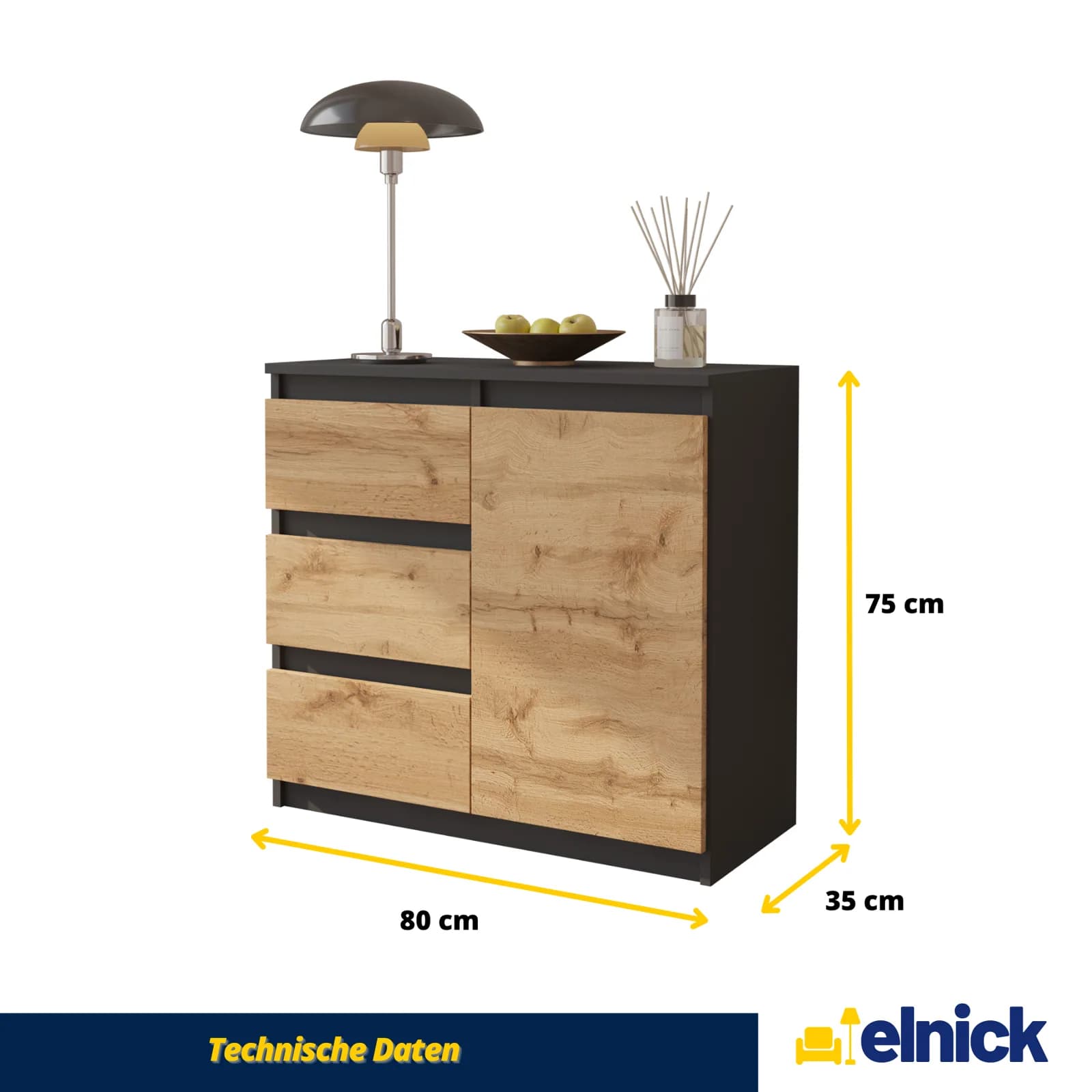 MIKEL commode met 3 lades en 1 deur, 80 cm, antracietgrijs/wotan eiken (5)