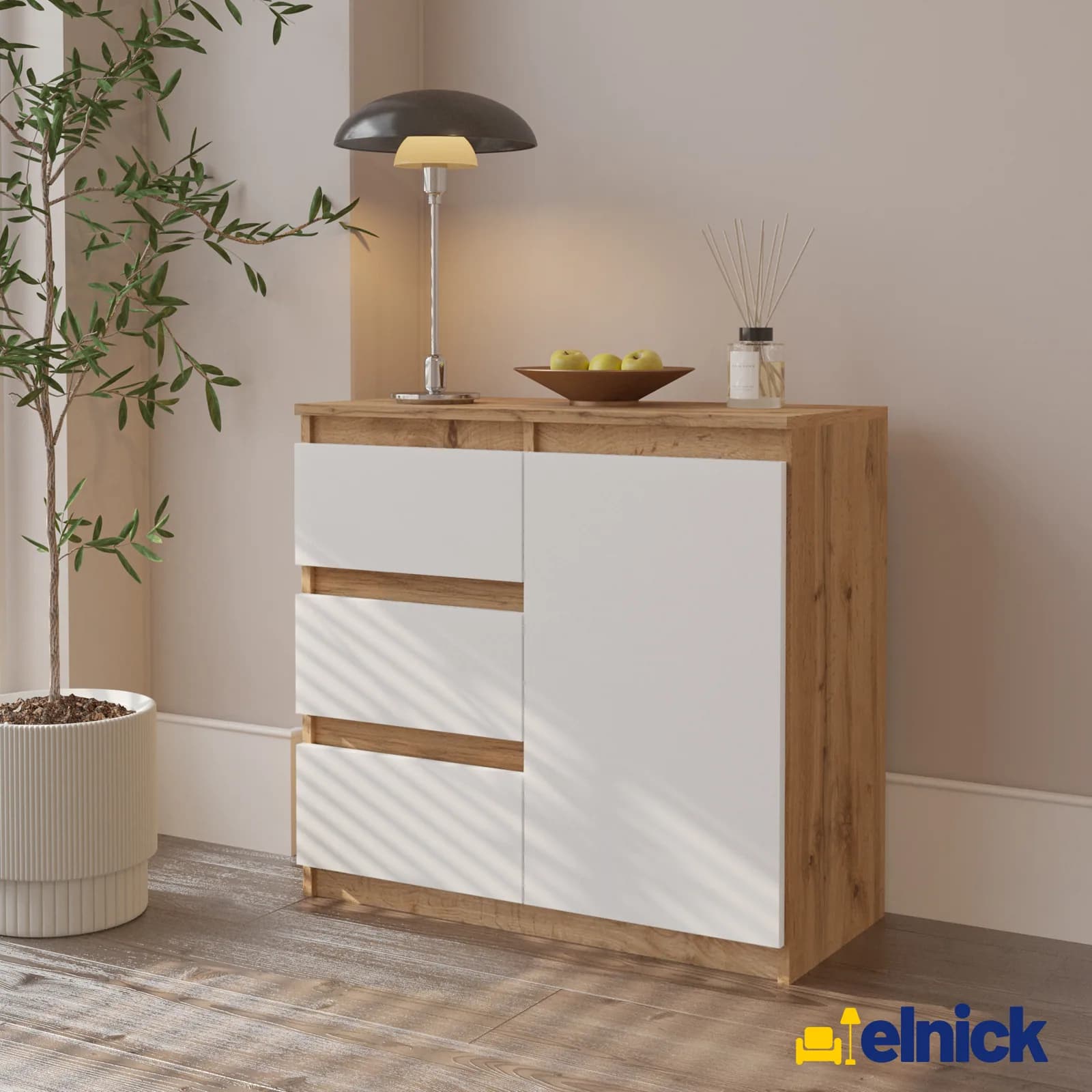 MIKEL dressoir met 3 lades en 1 deur, 80 cm, Wotan eiken/mat wit (2)
