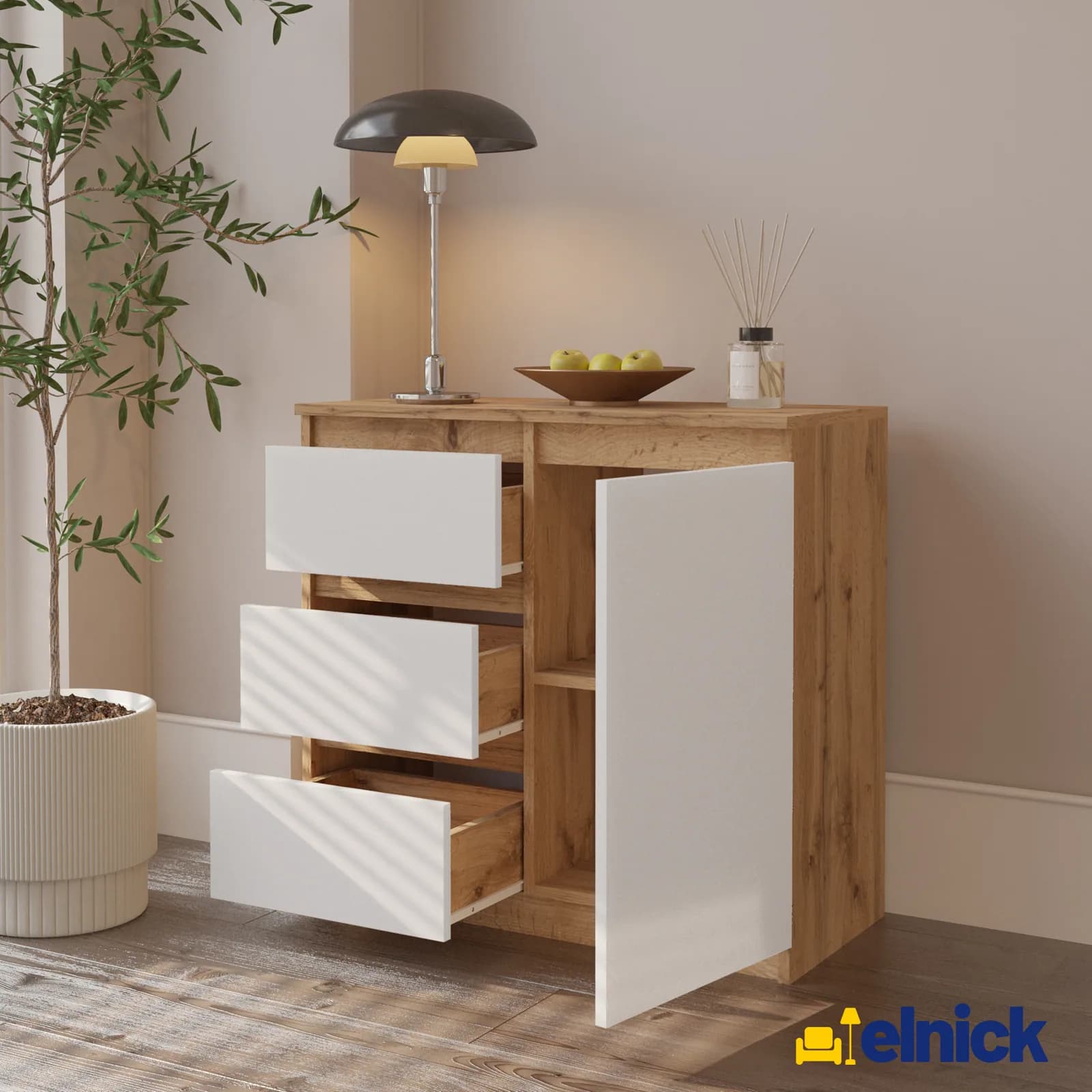 MIKEL dressoir met 3 lades en 1 deur, 80 cm, Wotan eiken/mat wit (3)