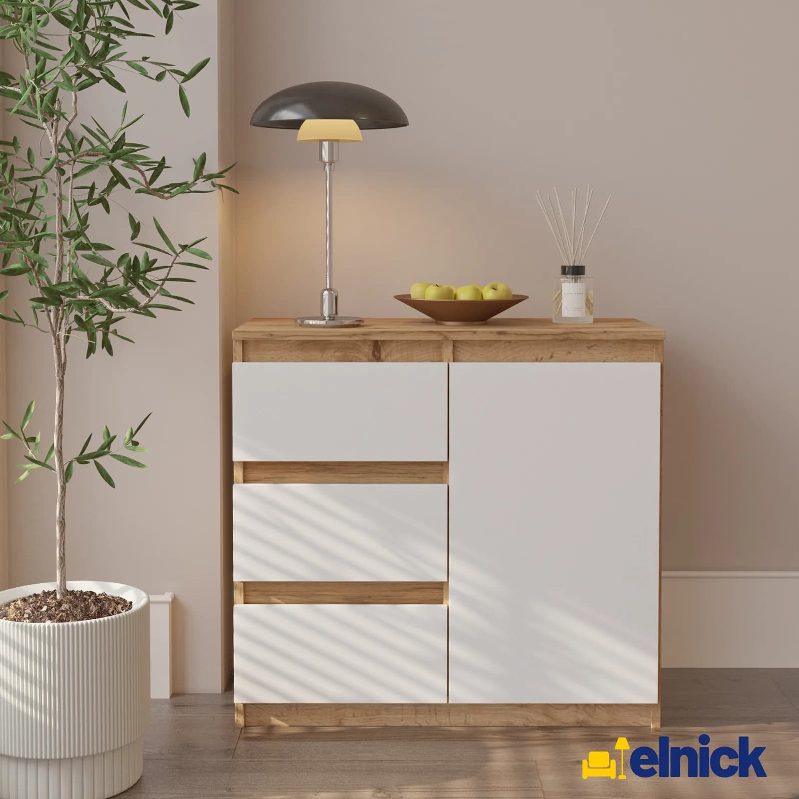 MIKEL dressoir met 3 lades en 1 deur, 80 cm, Wotan eiken/mat wit (4)