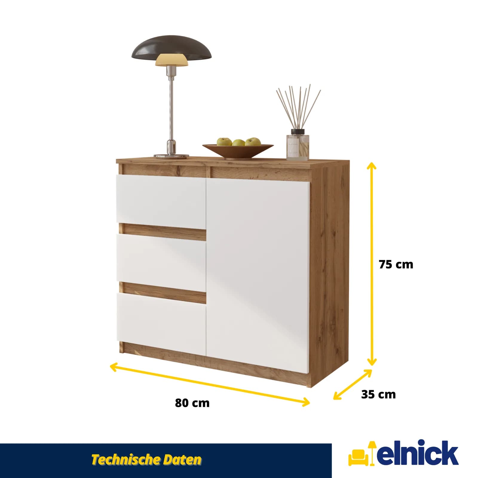 MIKEL dressoir met 3 lades en 1 deur, 80 cm, Wotan eiken/mat wit (5)