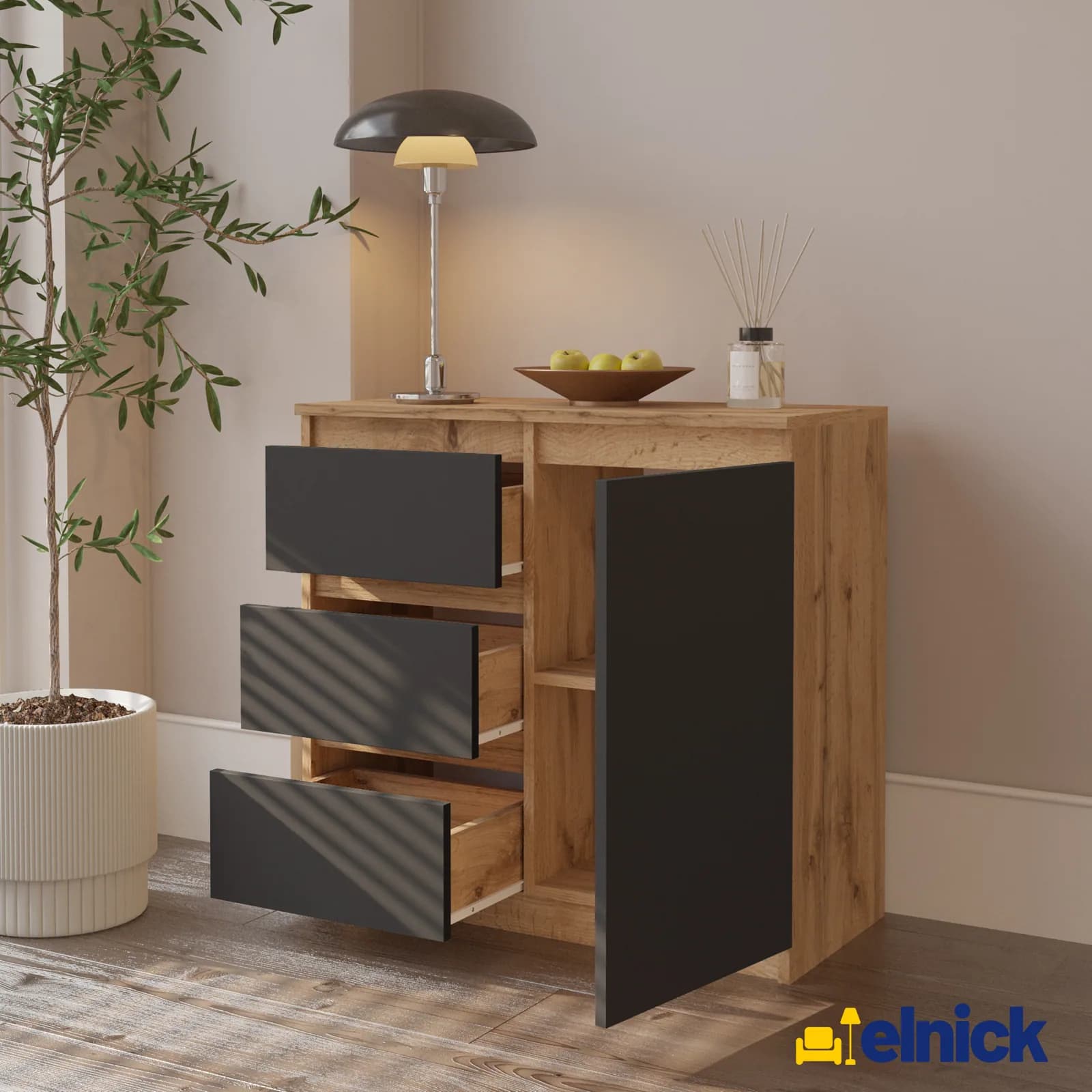 Commode MIKEL 3 tiroirs et 1 porte, 80 cm, chêne wotan/gris anthracite (3)