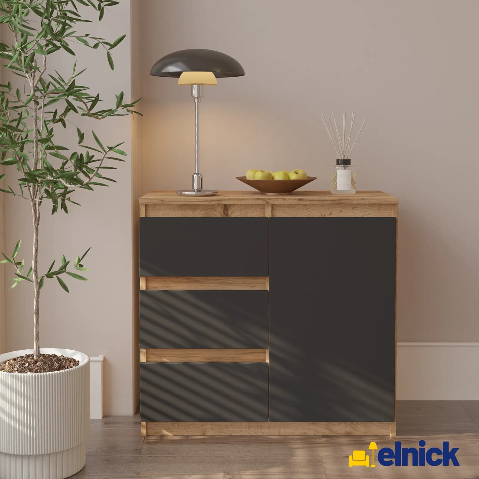 Commode MIKEL 3 tiroirs et 1 porte, 80 cm, chêne wotan/gris anthracite (4)