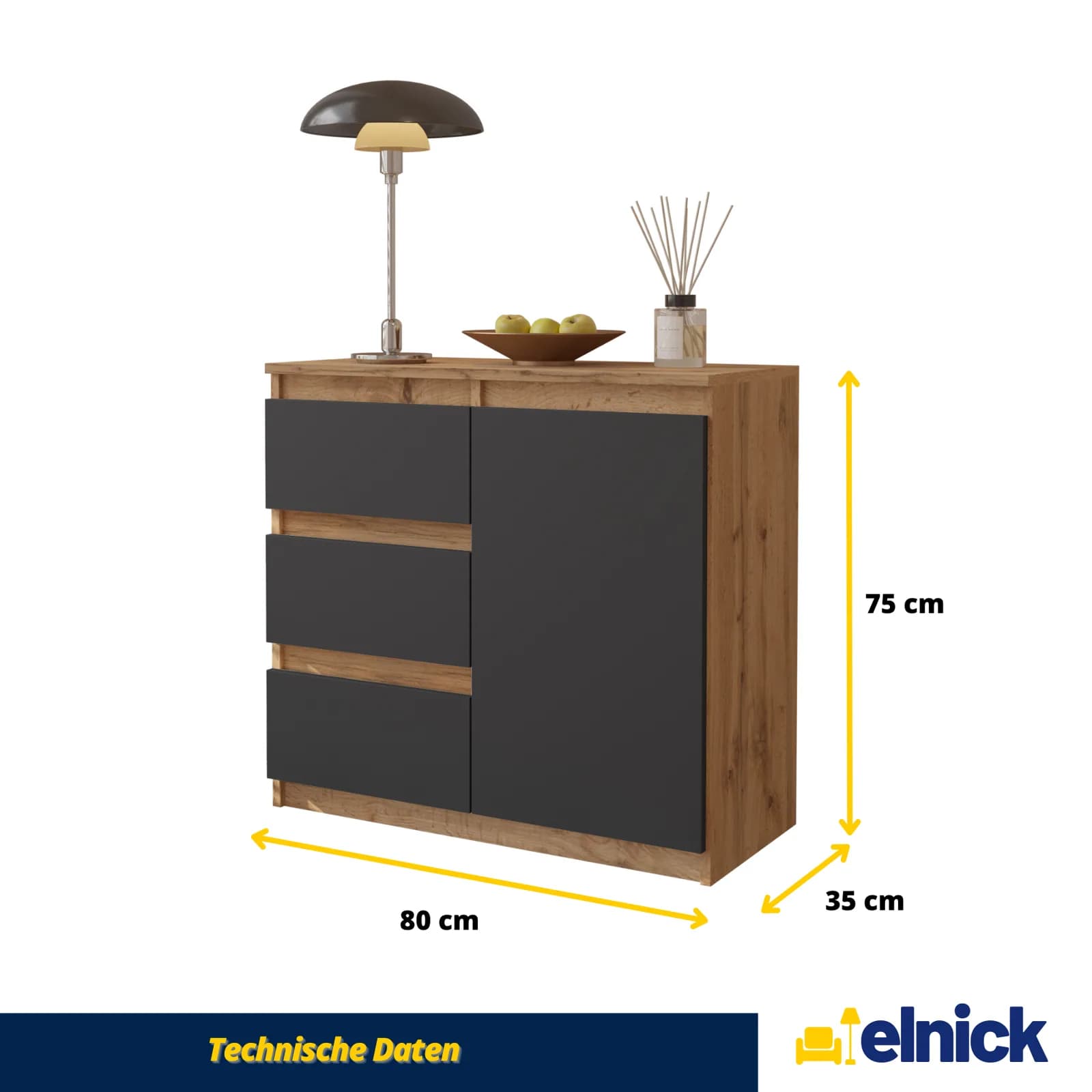 Commode MIKEL 3 tiroirs et 1 porte, 80 cm, chêne wotan/gris anthracite (5)