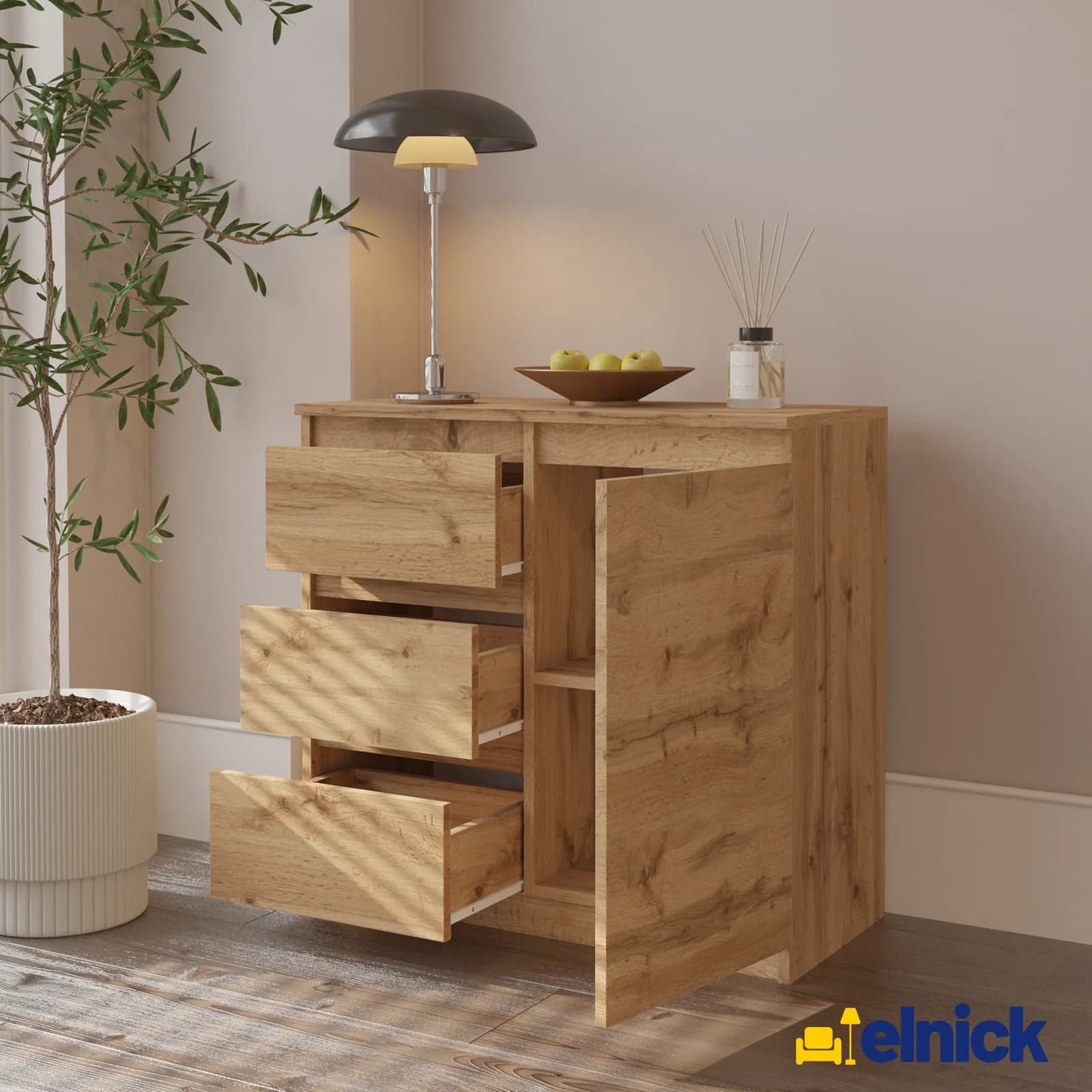 MIKEL Kommode mit 3 Schubladen und 1 Tür, 80 cm, Wotan Eiche (3)