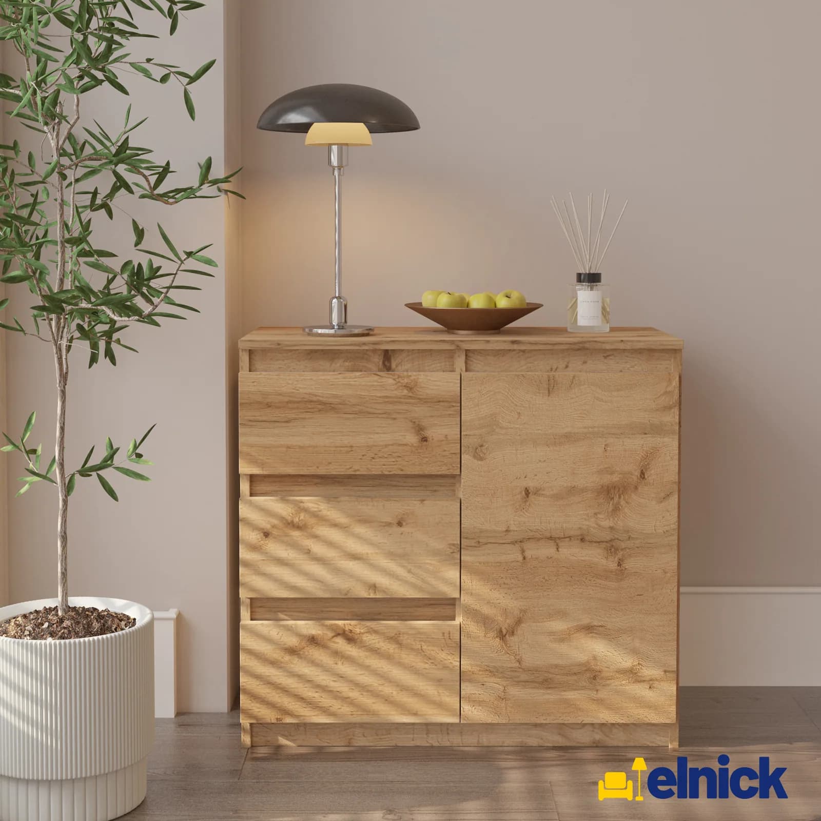 MIKEL Kommode mit 3 Schubladen und 1 Tür, 80 cm, Wotan Eiche (4)