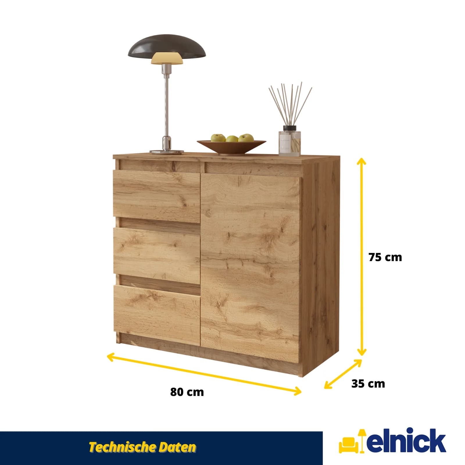 MIKEL Kommode mit 3 Schubladen und 1 Tür, 80 cm, Wotan Eiche (5)