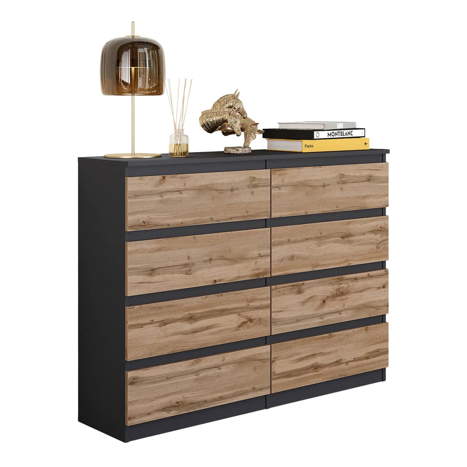 GABRIEL commode 8 tiroirs, 120 cm, gris anthracite / chêne Wotan