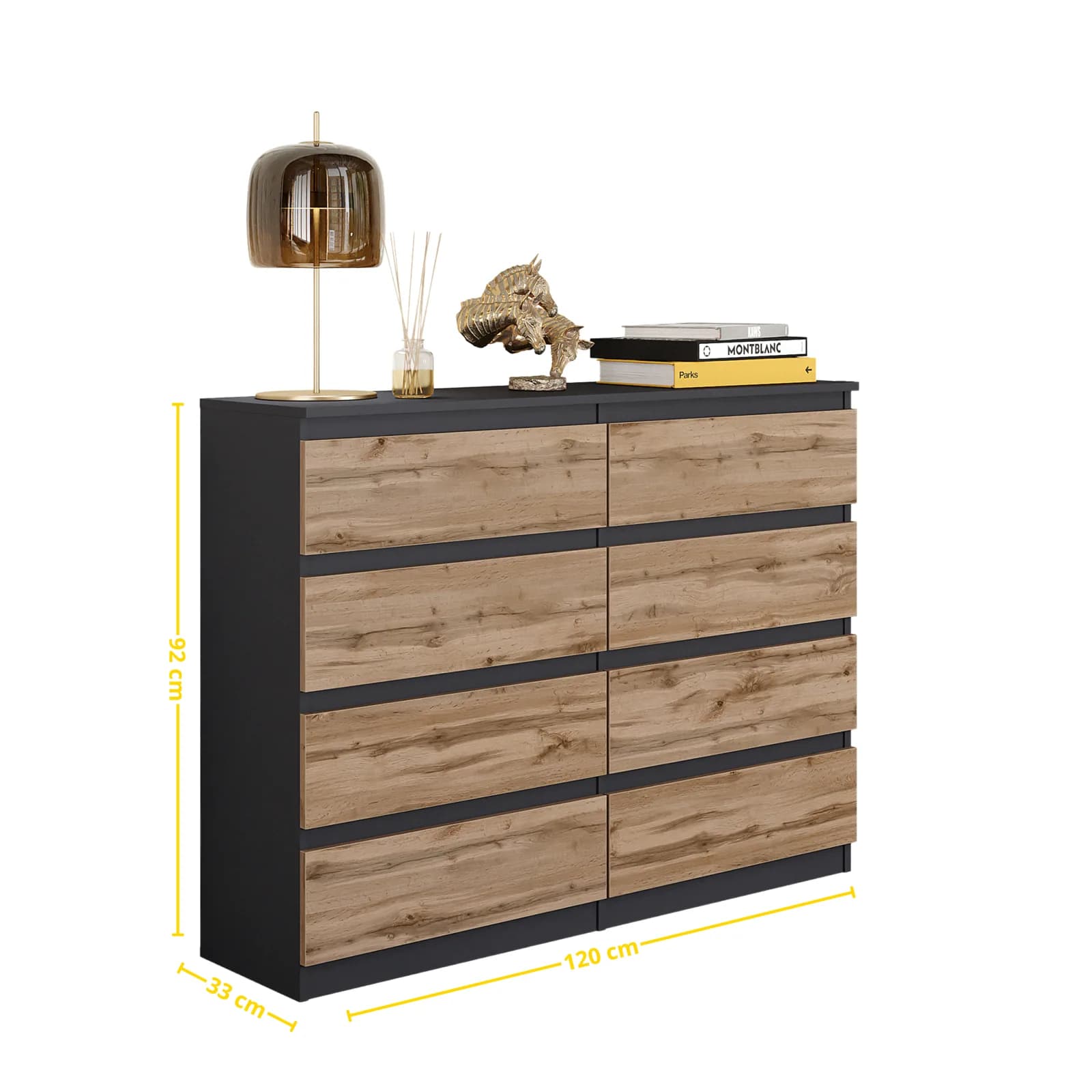 GABRIEL commode 8 tiroirs, 120 cm, gris anthracite / chêne Wotan (2)