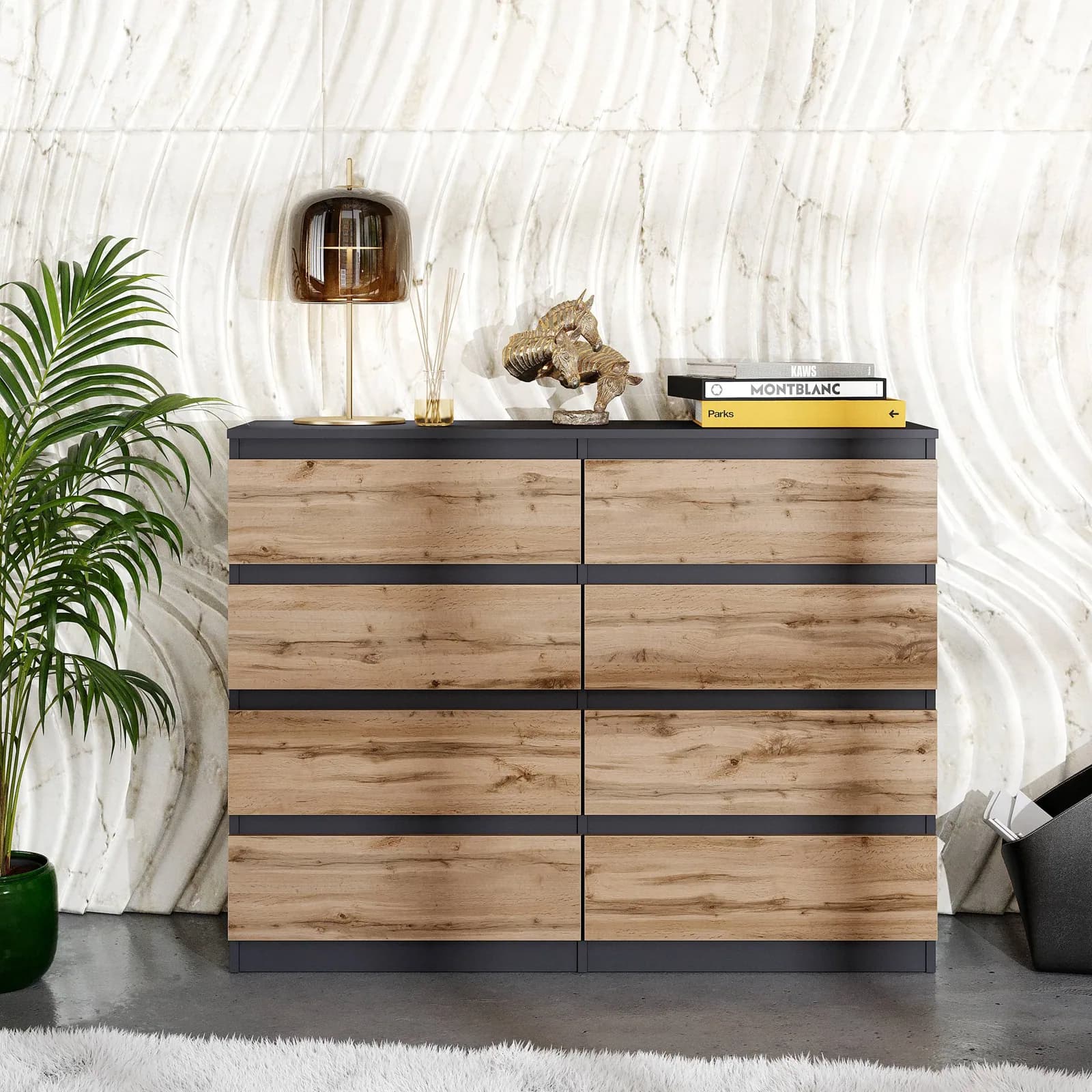 GABRIEL commode 8 tiroirs, 120 cm, gris anthracite / chêne Wotan (3)