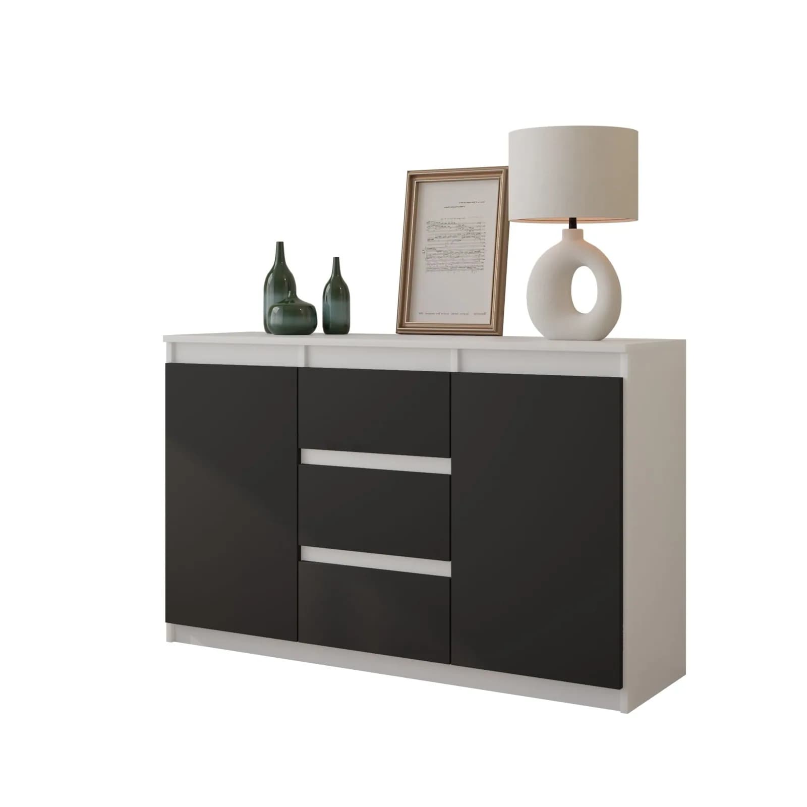 MIKEL commode met 3 lades en 2 deuren, 120 cm, mat wit/antraciet