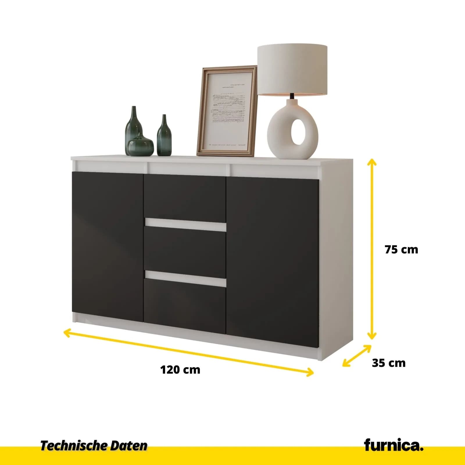 MIKEL commode met 3 lades en 2 deuren, 120 cm, mat wit/antraciet (2)
