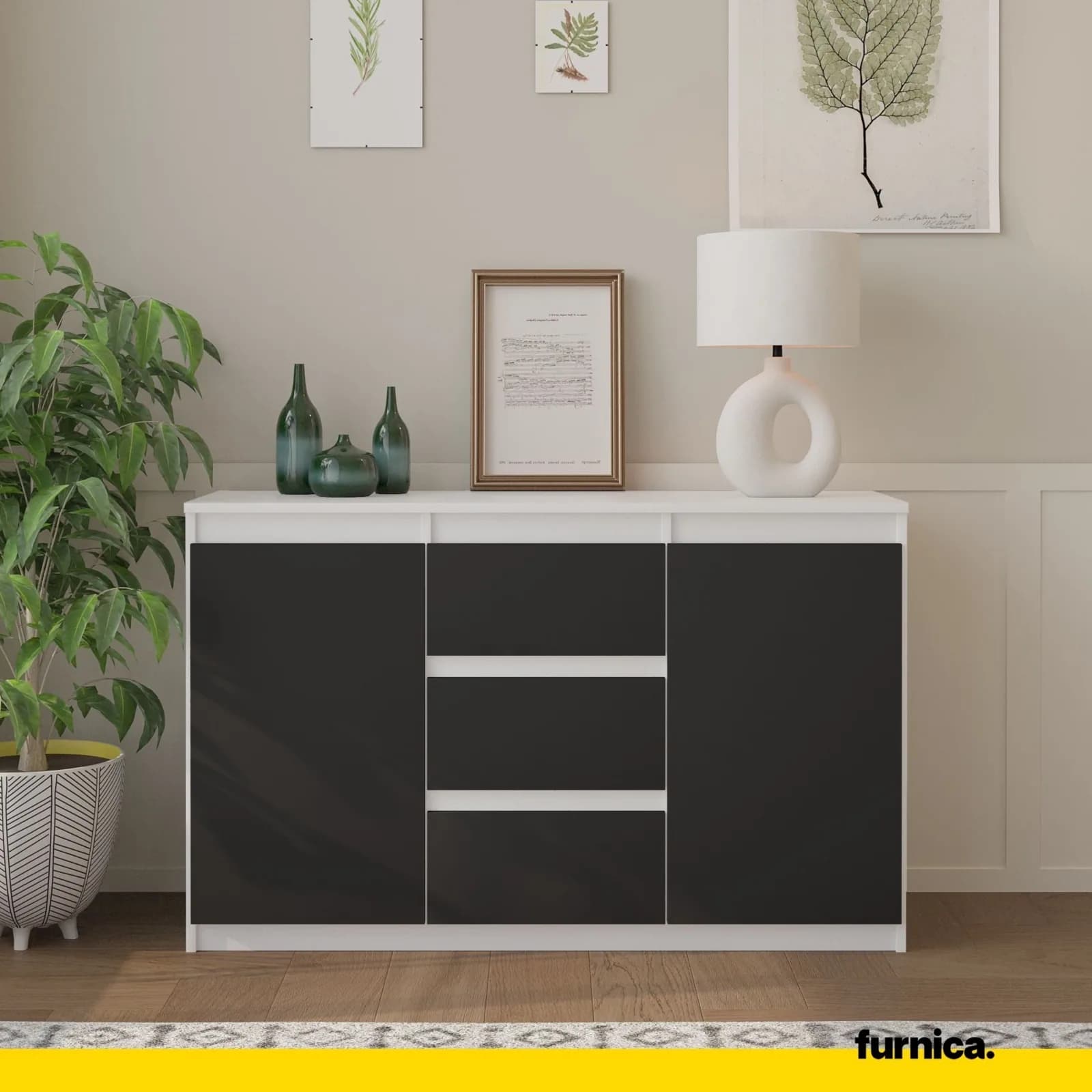 MIKEL commode met 3 lades en 2 deuren, 120 cm, mat wit/antraciet (3)
