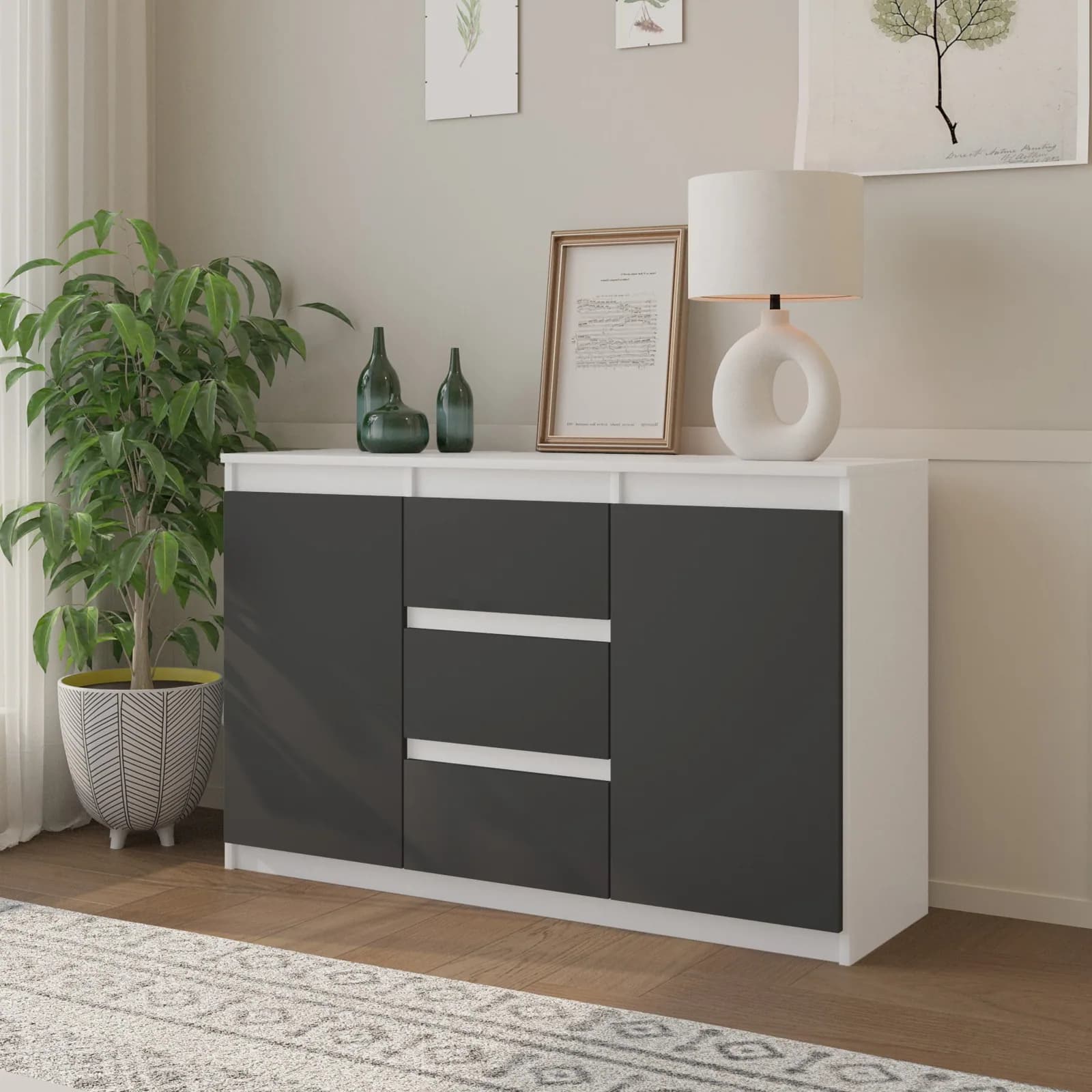 MIKEL commode met 3 lades en 2 deuren, 120 cm, mat wit/antraciet (4)