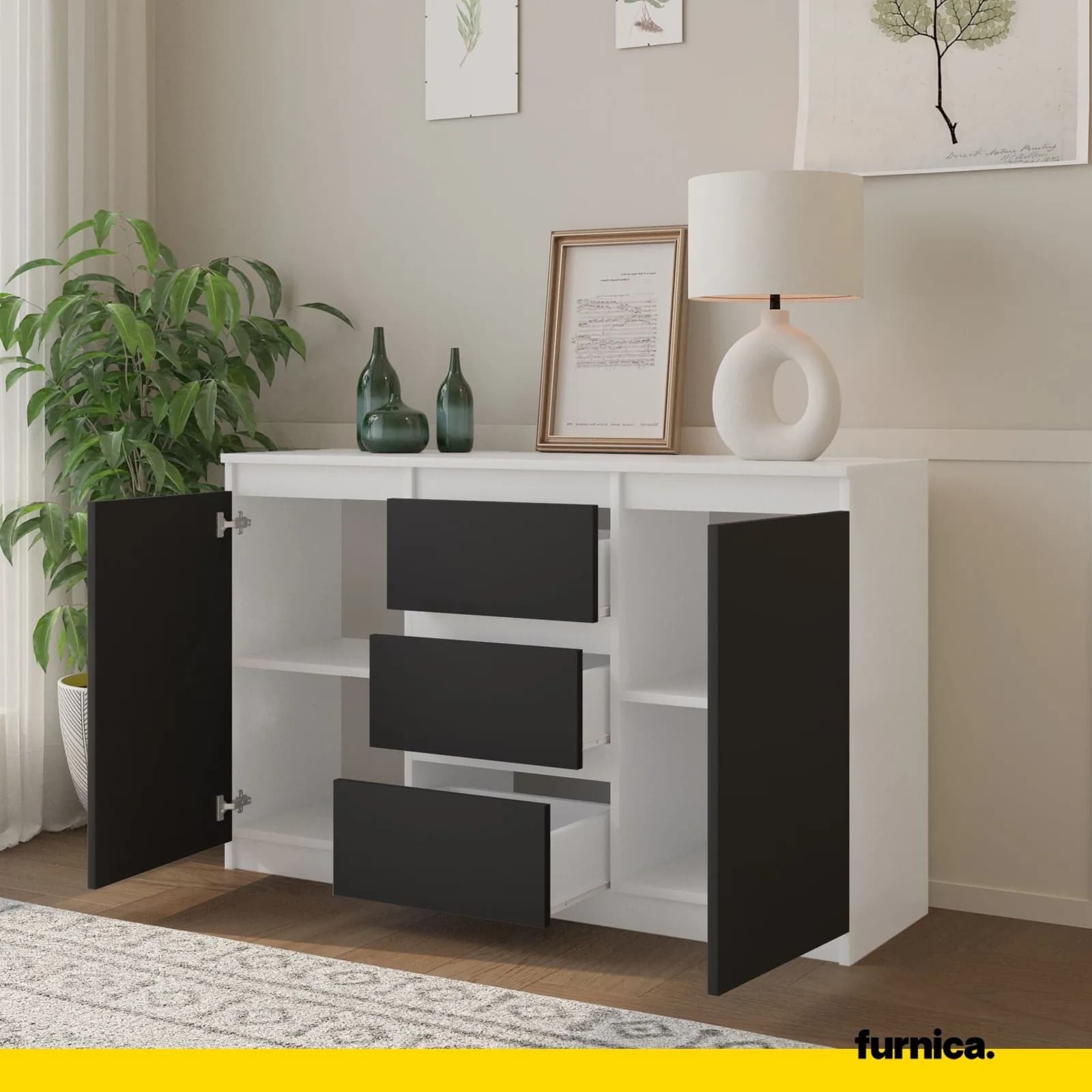 MIKEL commode met 3 lades en 2 deuren, 120 cm, mat wit/antraciet (5)