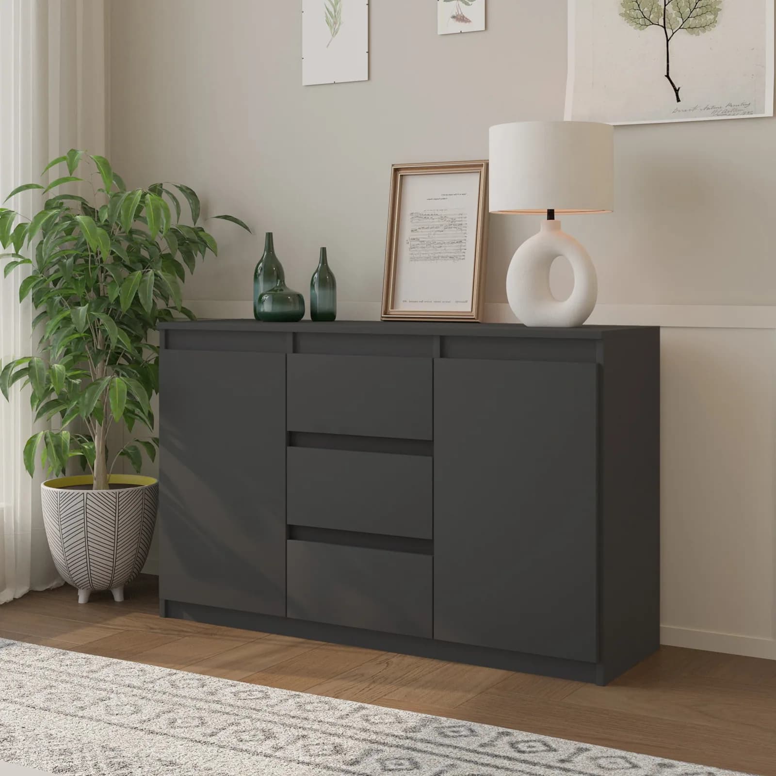 Commode MIKEL 3 tiroirs et 2 portes, 120 cm, gris anthracite (4)