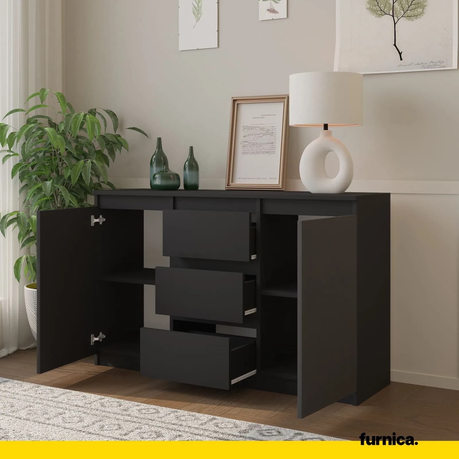Commode MIKEL 3 tiroirs et 2 portes, 120 cm, gris anthracite (5)