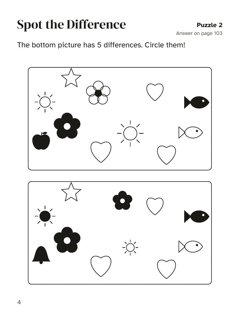 Jeu des différences : 5 différences à entourer (jeu 2) : page 4 de Cahier d'activités pour les 6 à 8 ans : 100 jeux (en anglais)