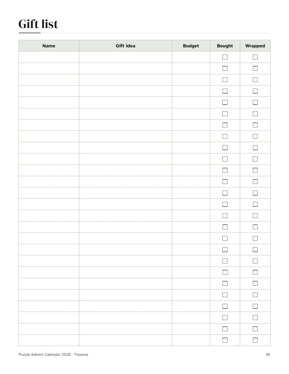 Geschenkliste: Name, Geschenkidee, Budget, gekauft, eingepackt: Seite 35 aus Rätsel-Adventskalender 2026 mit Dezemberplaner: 24 Sudoku bis Heiligabend (auf Englisch)