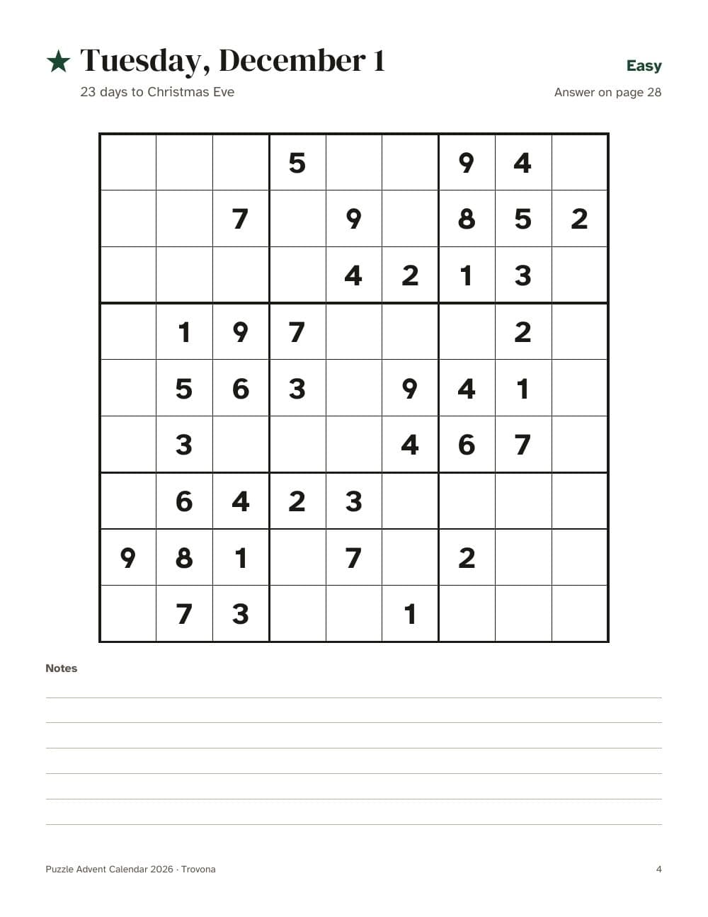 1. Dezember: ein leichtes Sudoku: Seite 4 aus Rätsel-Adventskalender 2026 mit Dezemberplaner: 24 Sudoku bis Heiligabend (auf Englisch)