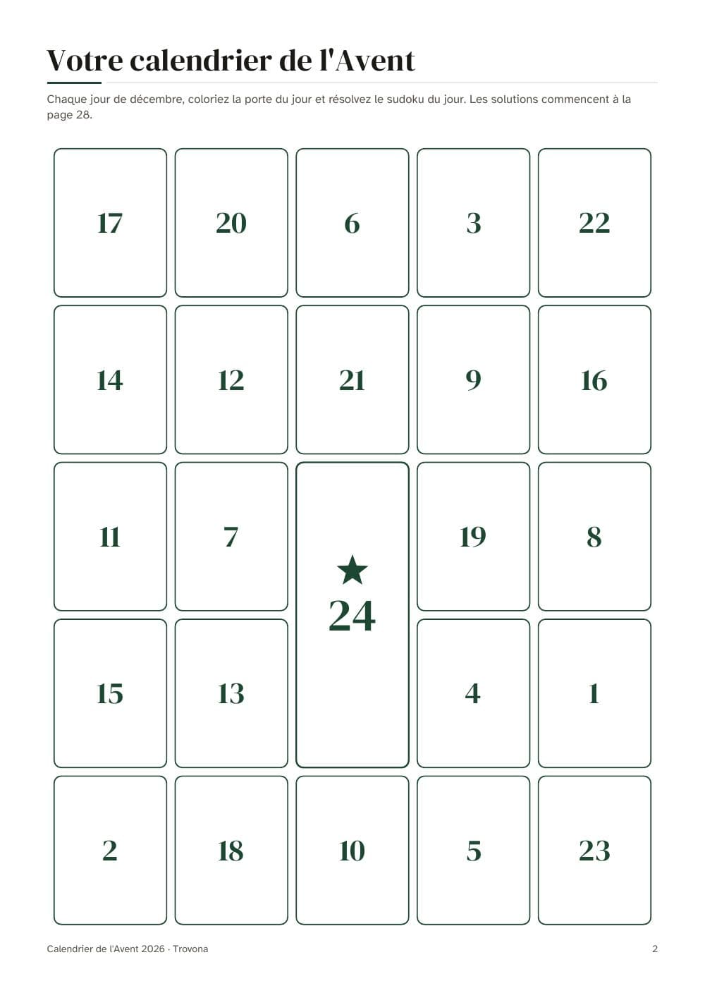 Your Advent calendar: 24 doors to colour in, one a day: page 2 of French Advent calendar printable 2026: 24 sudoku to Christmas Eve and December planner (in French)