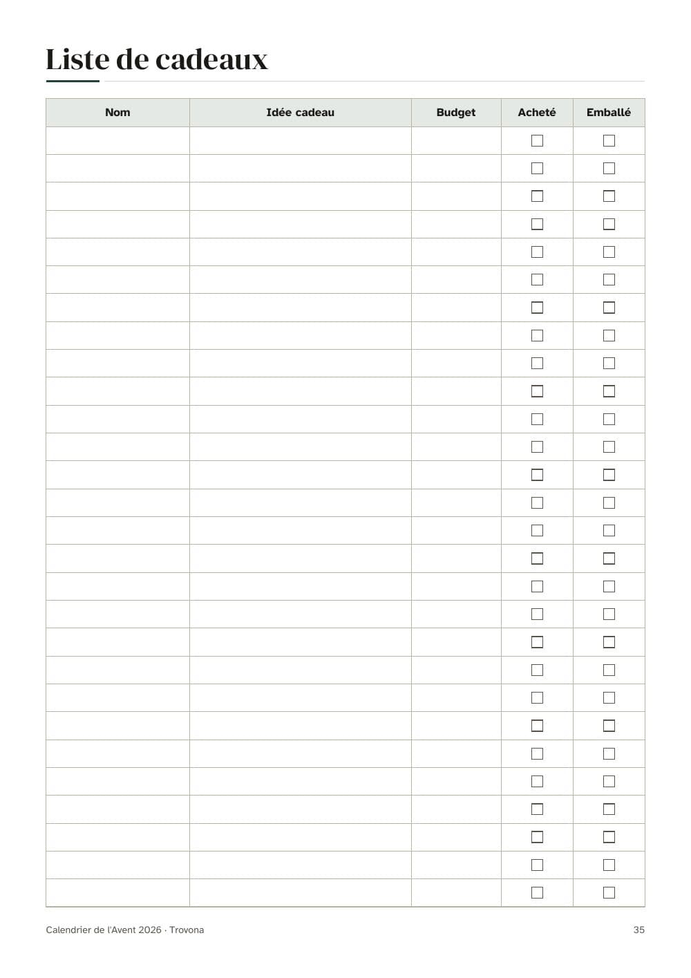 Gift list: name, gift idea, budget, bought, wrapped: page 35 of French Advent calendar printable 2026: 24 sudoku to Christmas Eve and December planner (in French)